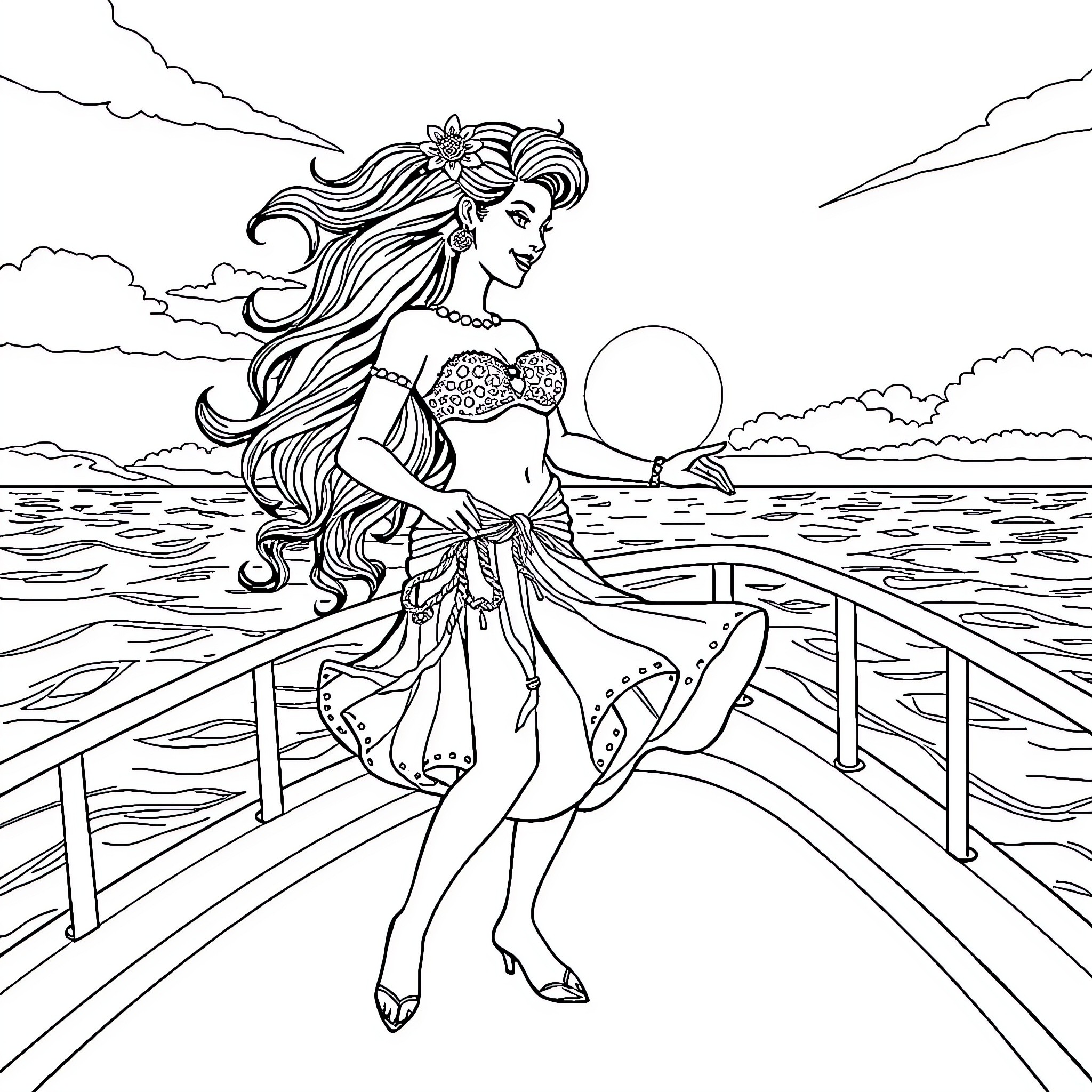 Vaiana dancing gracefully on a wooden dock by the sea Coloring Page (free black-and-white line drawing printable PDF for all, from beginners to advanced learners, including children, teens, adults, and seniors)
