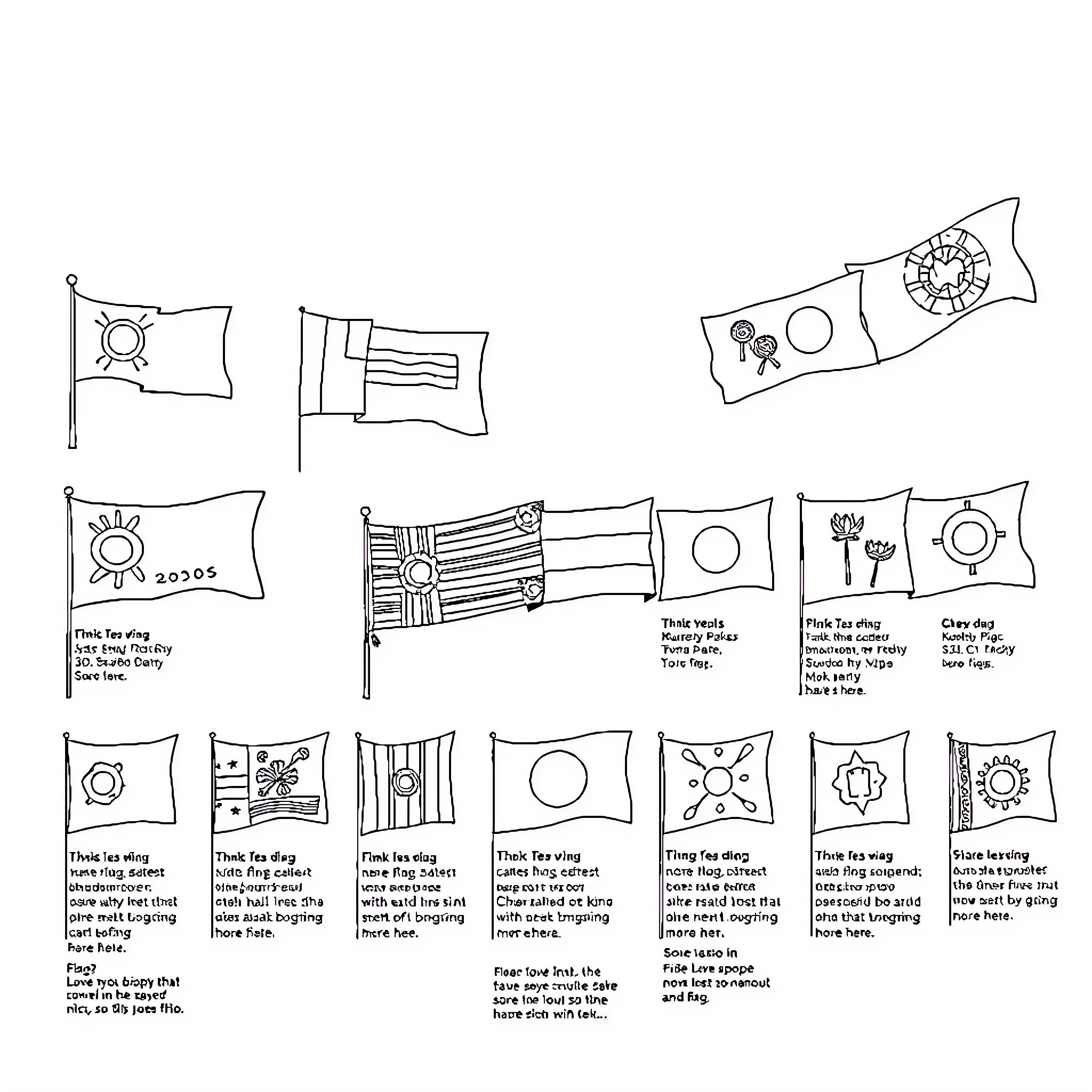 Flags with diverse designs and patterns Coloring Page (free black-and-white line drawing printable PDF for all, from beginners to advanced learners, including children, teens, adults, and seniors)