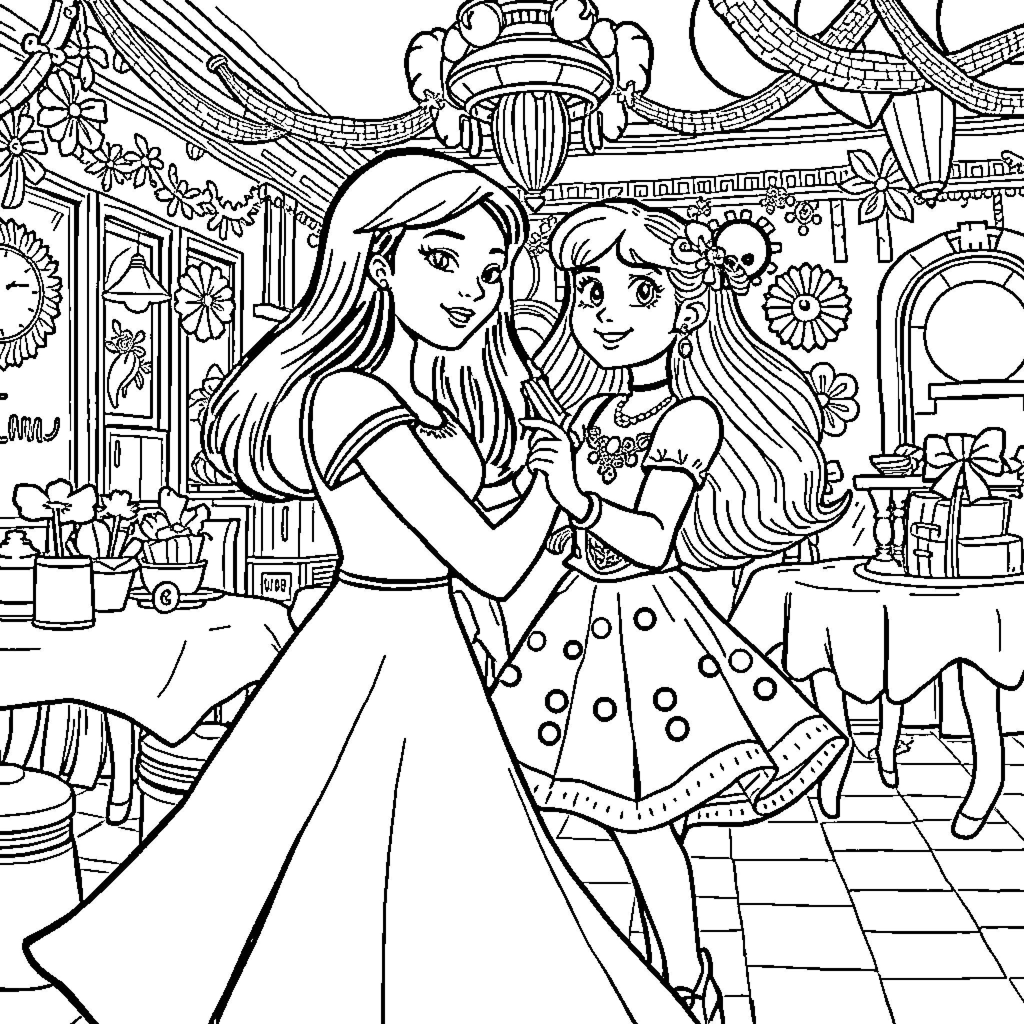 Wednesday Adams and friend in a whimsical scene Coloring Page (free black-and-white line drawing printable PDF for all, from beginners to advanced learners, including children, teens, adults, and seniors)