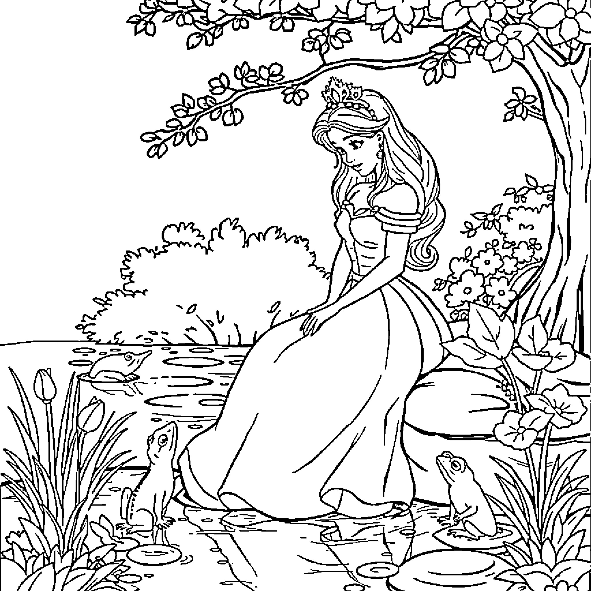 Princess Exploring Nature's Beauty Coloring Page (free black-and-white line drawing printable PDF for all, from beginners to advanced learners, including children, teens, adults, and seniors)
