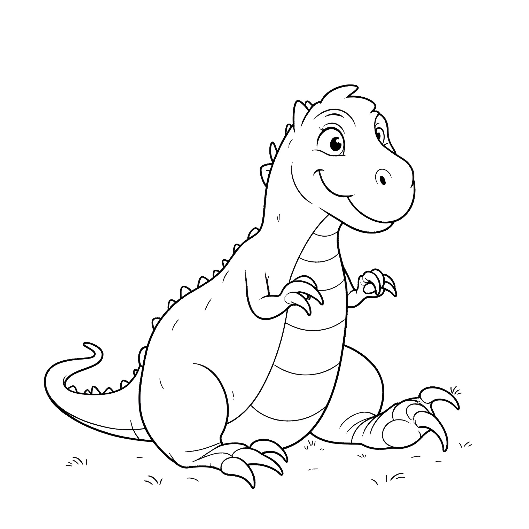 T-Rex in a playful pose Coloring Page (free black-and-white line drawing printable PDF for all, from beginners to advanced learners, including children, teens, adults, and seniors)
