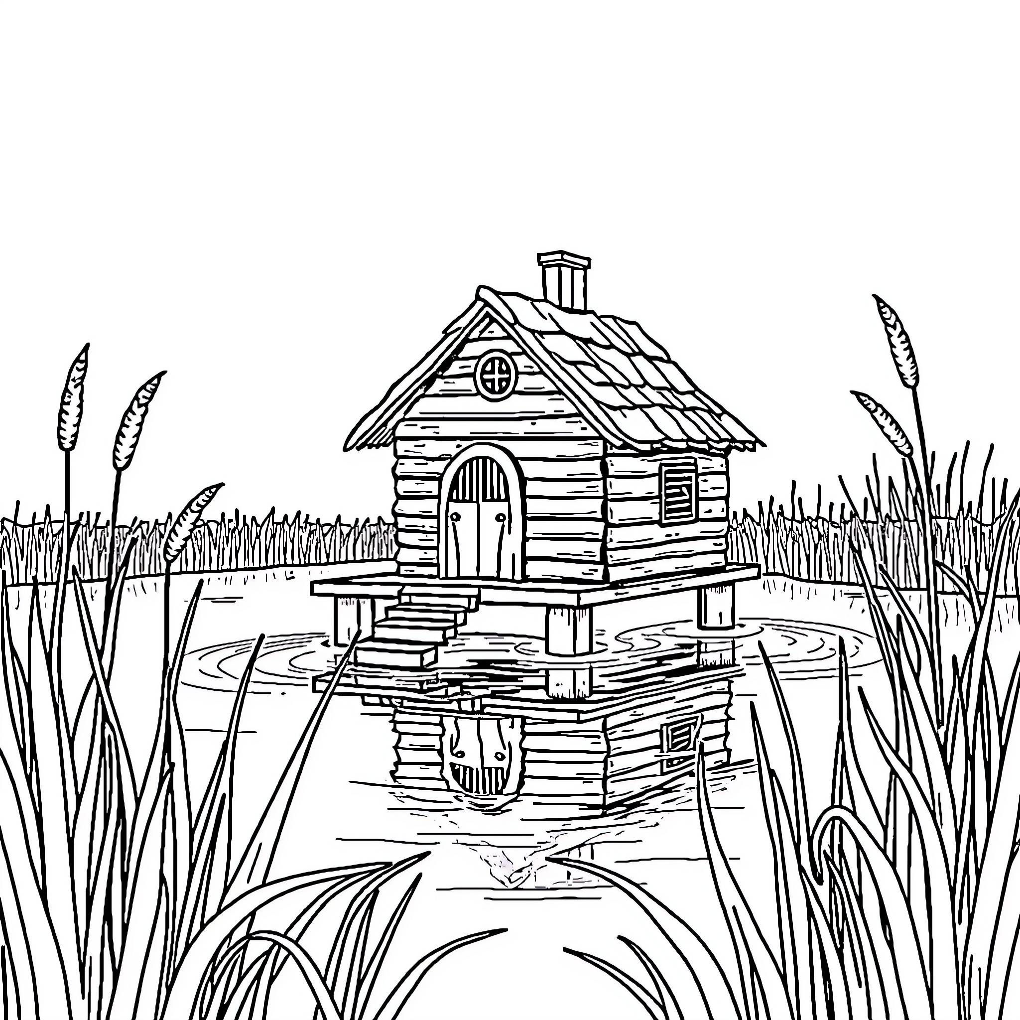 Duck house on stilts in the pond Coloring Page (free black-and-white line drawing printable PDF for all, from beginners to advanced learners, including children, teens, adults, and seniors)