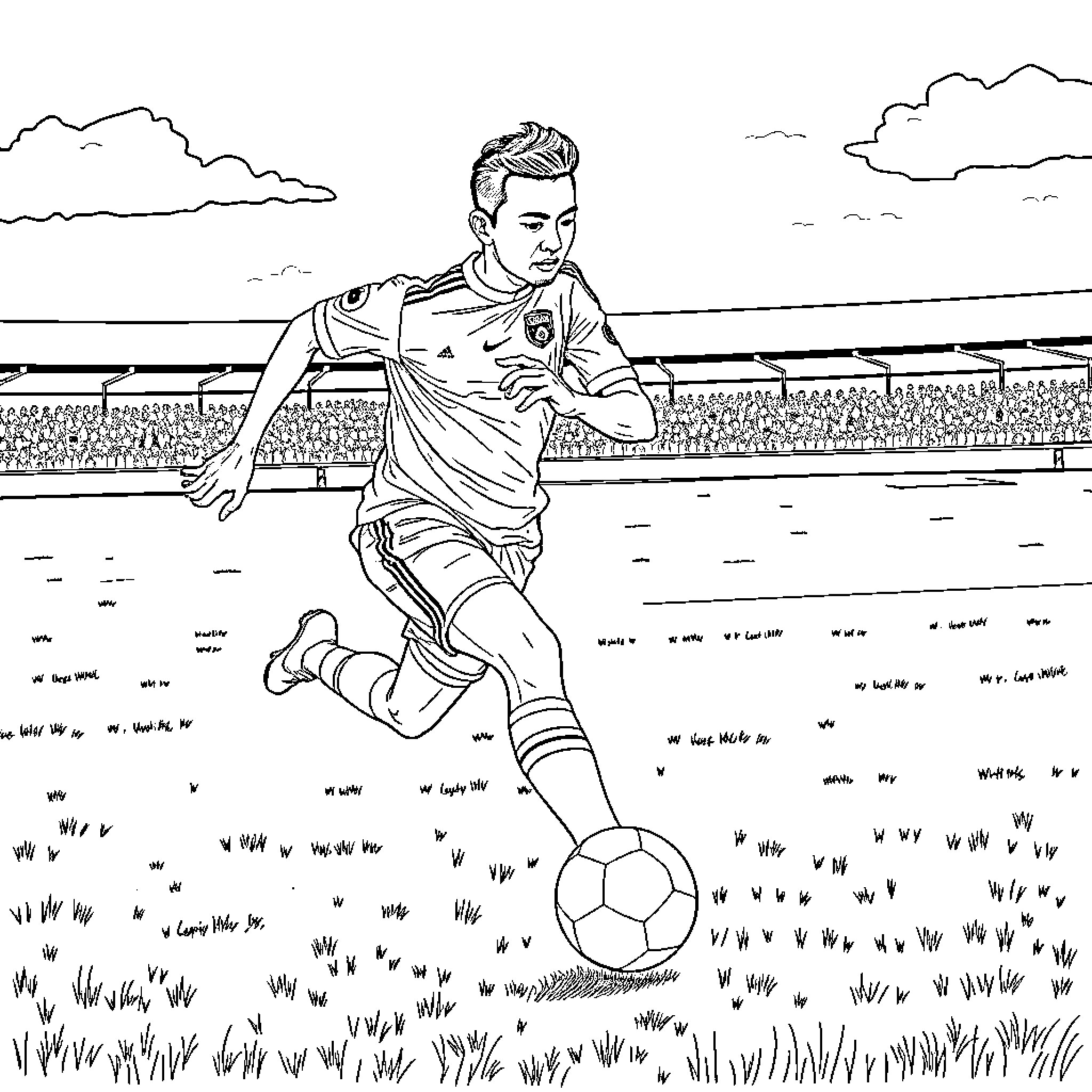 Lamin Yamal playing soccer on the field Coloring Page (free black-and-white line drawing printable PDF for all, from beginners to advanced learners, including children, teens, adults, and seniors)