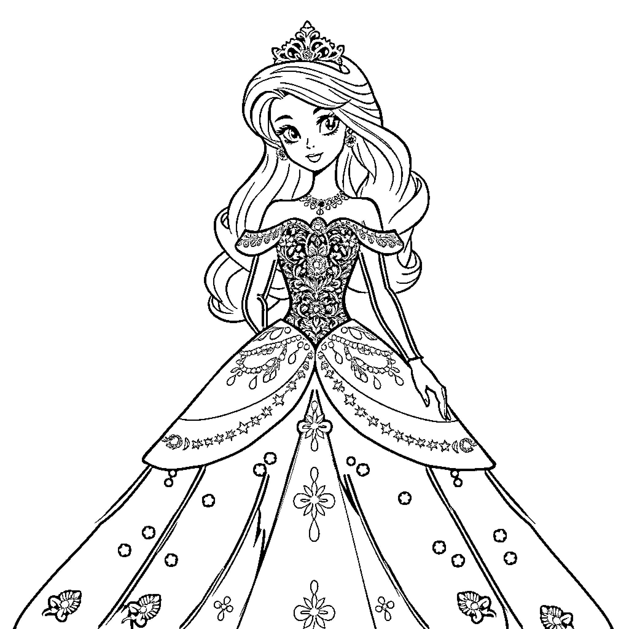 Princess in Elegant Gown with Ornate Dress Coloring Page (free black-and-white line drawing printable PDF for all, from beginners to advanced learners, including children, teens, adults, and seniors)