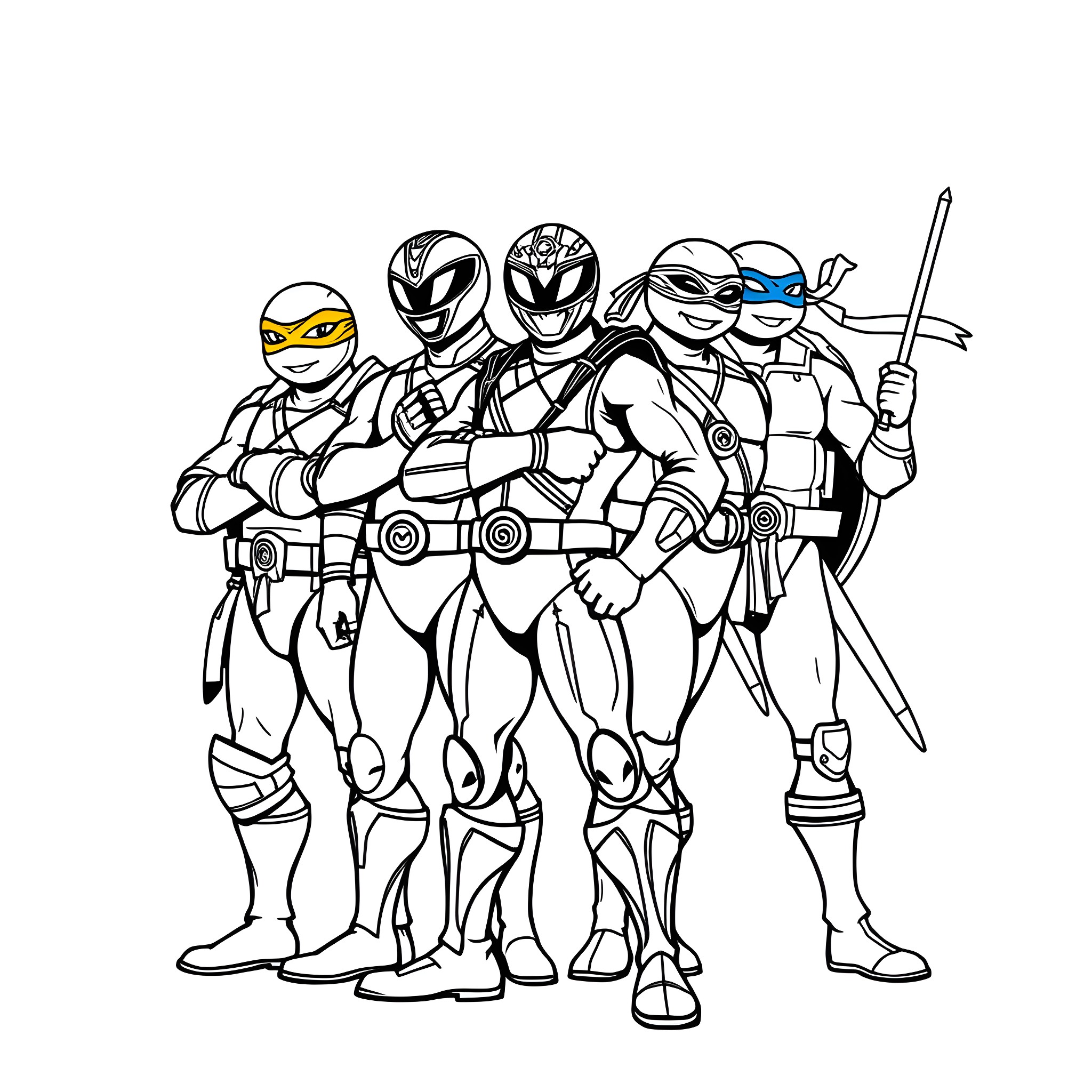 Power Rangers in heroic action poses Coloring Page (free black-and-white line drawing printable PDF for all, from beginners to advanced learners, including children, teens, adults, and seniors)