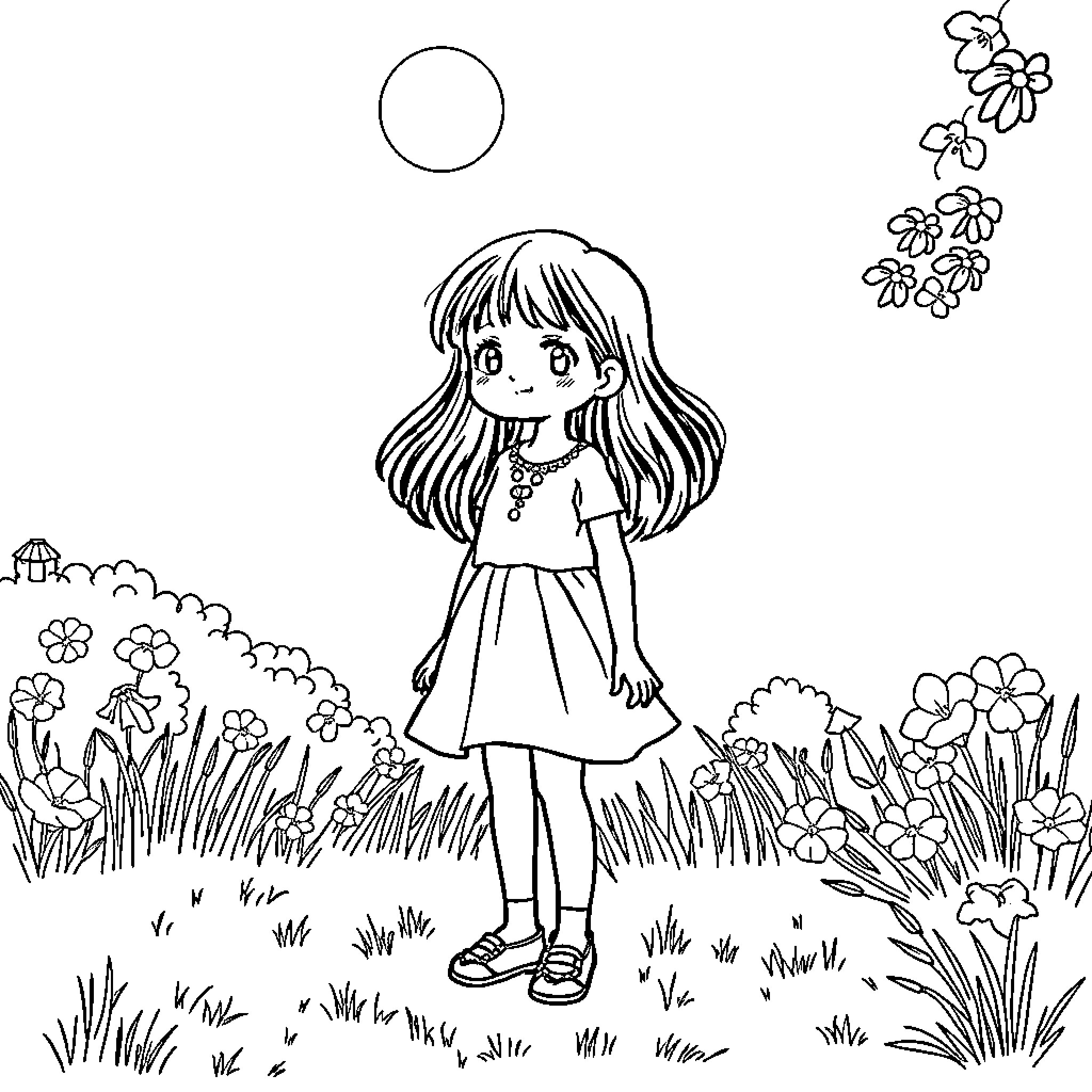 Girl in floral garden enjoying spring day Coloring Page (free black-and-white line drawing printable PDF for all, from beginners to advanced learners, including children, teens, adults, and seniors)