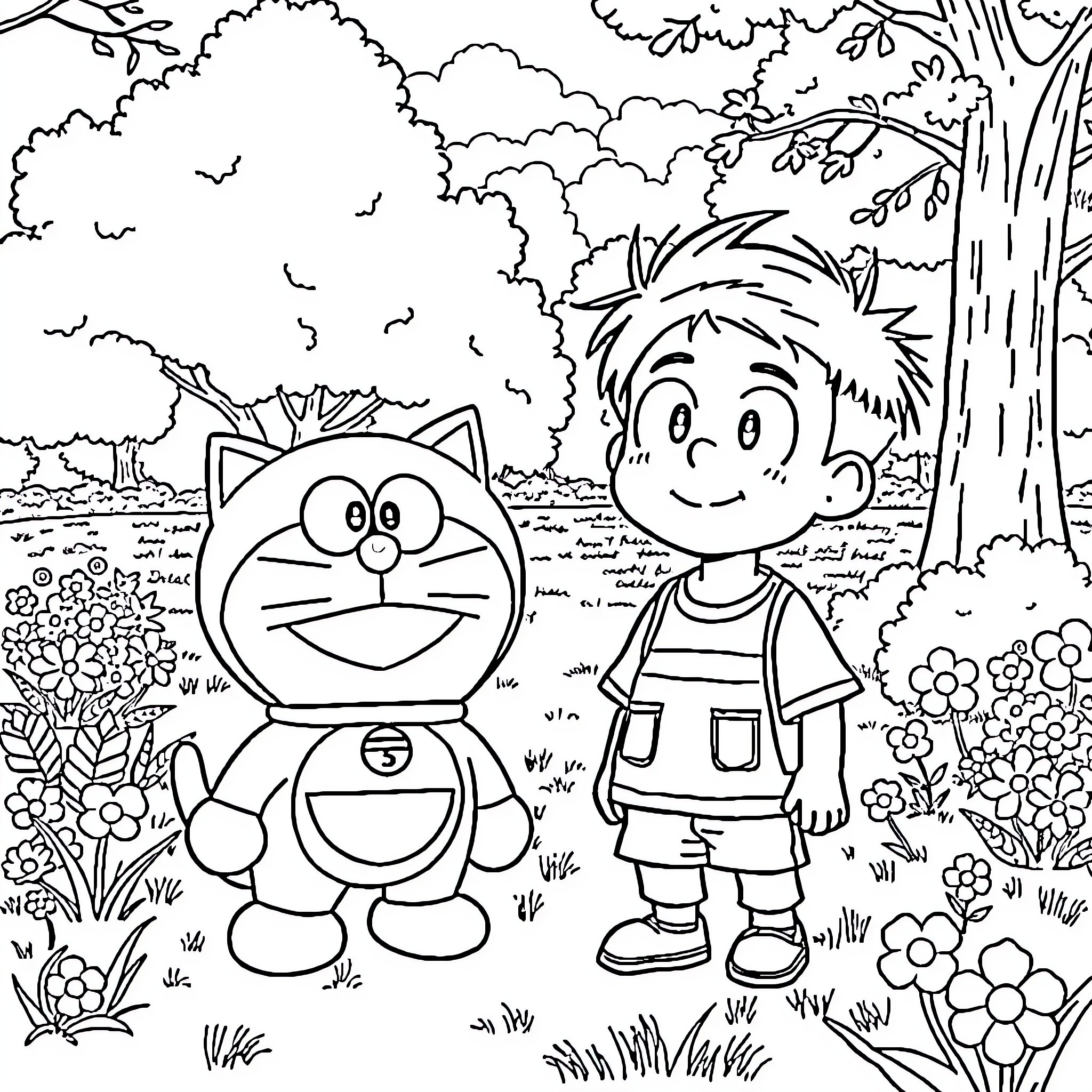 Doremon and boy explore nature together Coloring Page (free black-and-white line drawing printable PDF for all, from beginners to advanced learners, including children, teens, adults, and seniors)