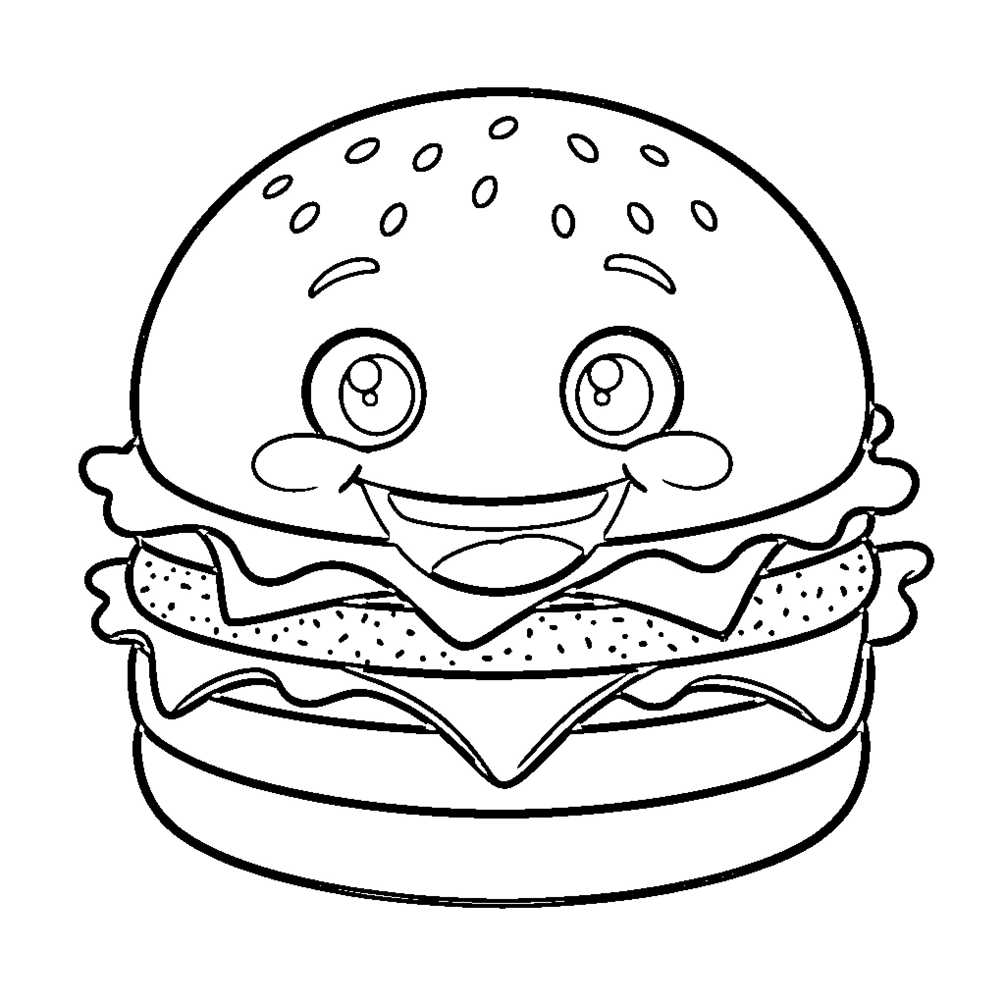 Happy Hamburger with a big joyful smile Coloring Page (free black-and-white line drawing printable PDF for all, from beginners to advanced learners, including children, teens, adults, and seniors)