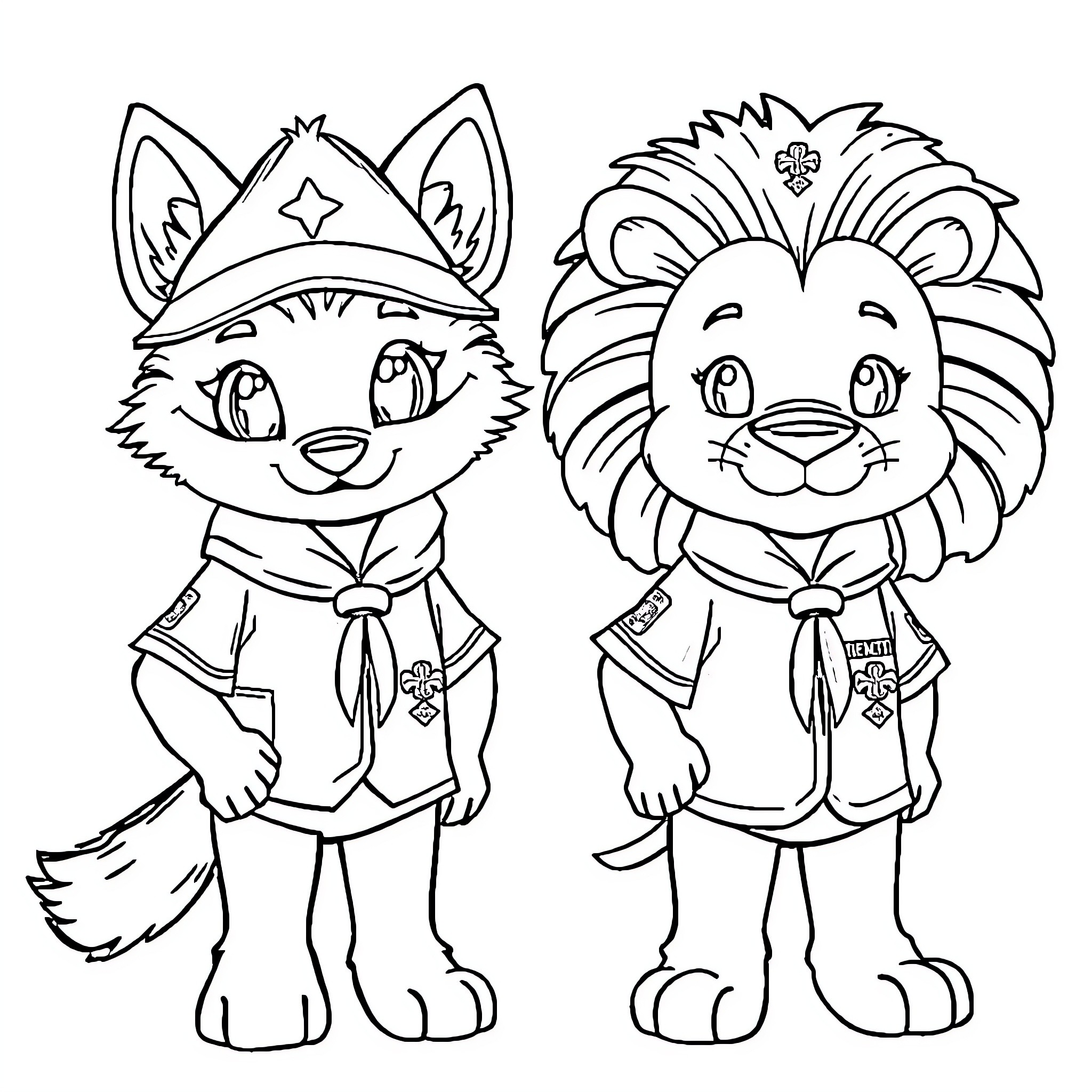 Wolf friends in adventurous costumes Coloring Page (free black-and-white line drawing printable PDF for all, from beginners to advanced learners, including children, teens, adults, and seniors)