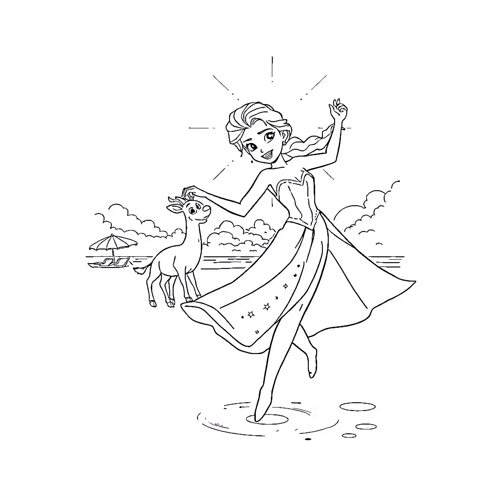 Elsa dancing gracefully with a deer in nature Coloring Page (free black-and-white line drawing printable PDF for all, from beginners to advanced learners, including children, teens, adults, and seniors)