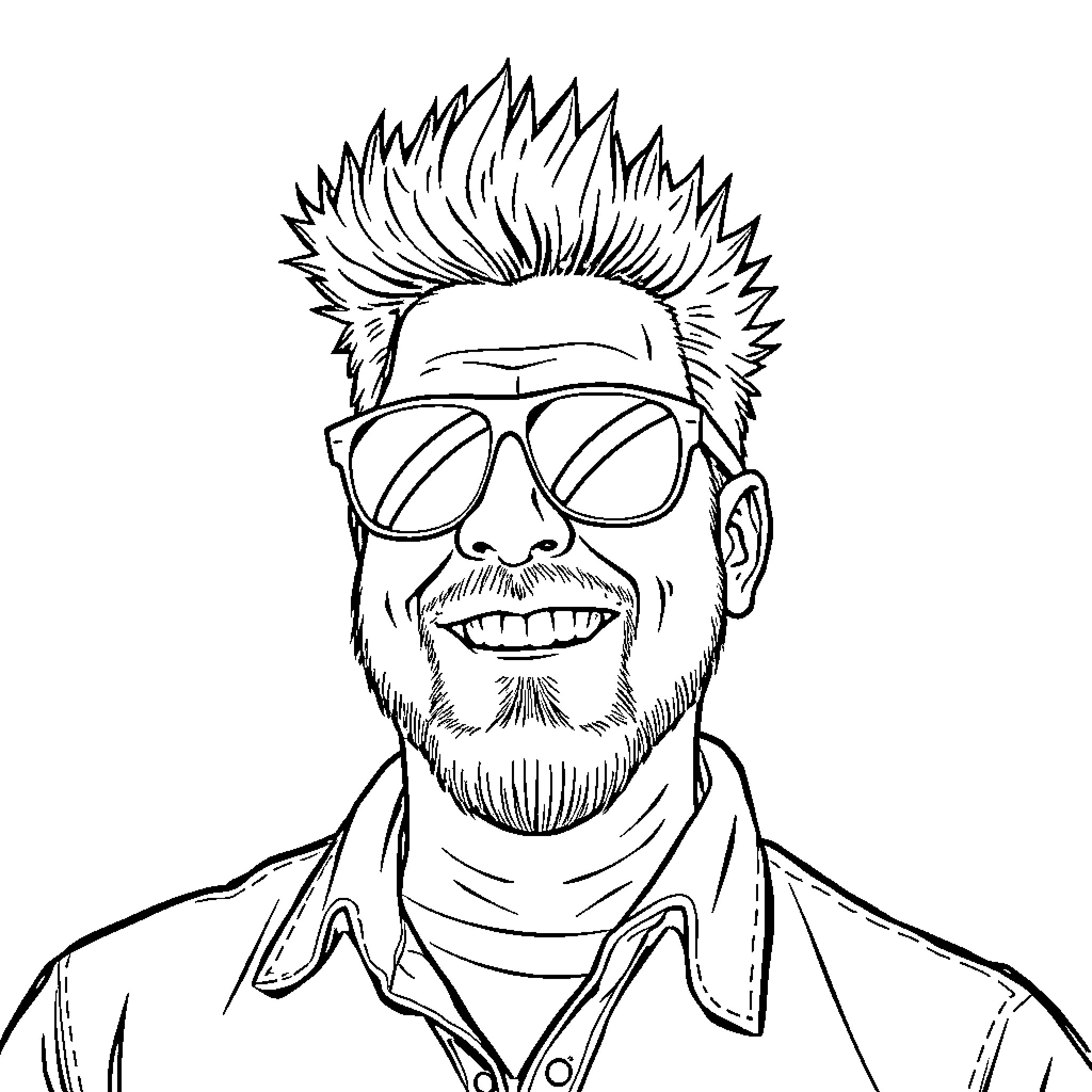Guy Fieri with spiked hair and sunglasses Coloring Page (free black-and-white line drawing printable PDF for all, from beginners to advanced learners, including children, teens, adults, and seniors)