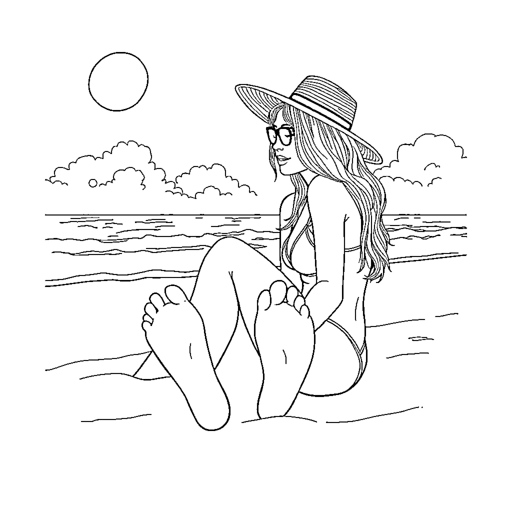 Woman enjoying the beach with sun and waves Coloring Page (free black-and-white line drawing printable PDF for all, from beginners to advanced learners, including children, teens, adults, and seniors)