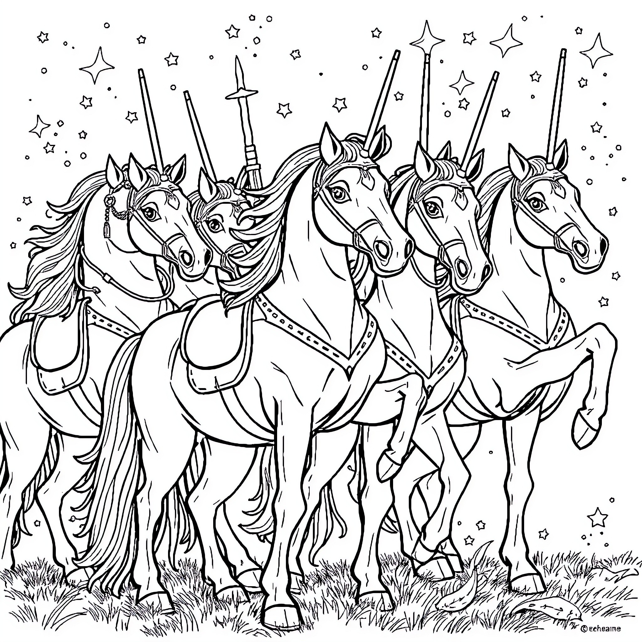 Caballero Unicorns Galloping Through Starry Night Coloring Page (free black-and-white line drawing printable PDF for all, from beginners to advanced learners, including children, teens, adults, and seniors)