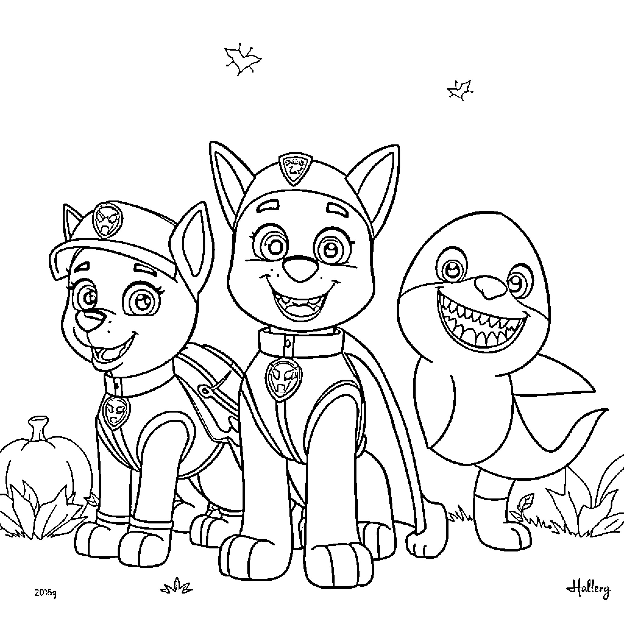 Paw Patrol characters in happy, playful poses Coloring Page (free black-and-white line drawing printable PDF for all, from beginners to advanced learners, including children, teens, adults, and seniors)