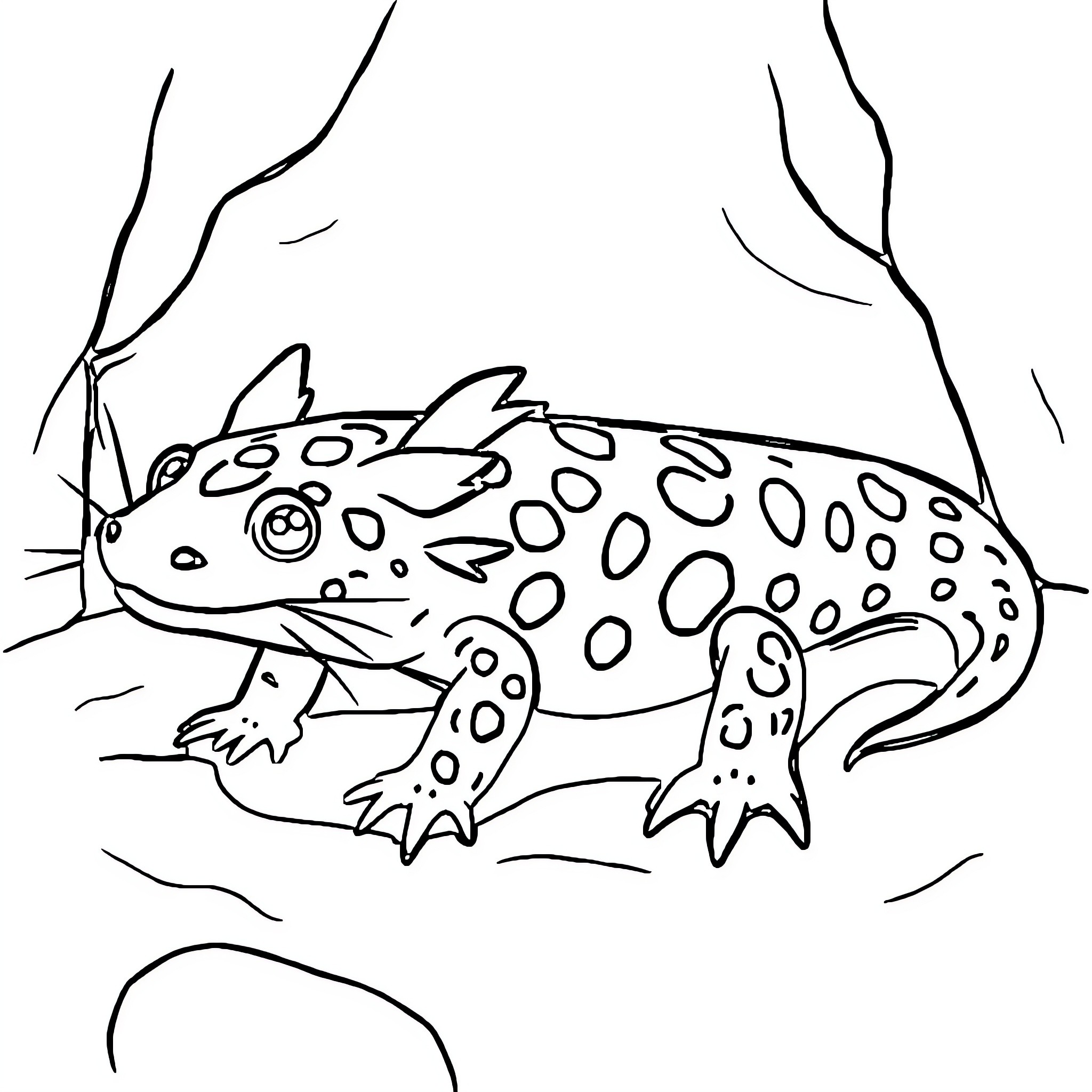 Axolotl scurrying through the undergrowth Coloring Page (free black-and-white line drawing printable PDF for all, from beginners to advanced learners, including children, teens, adults, and seniors)