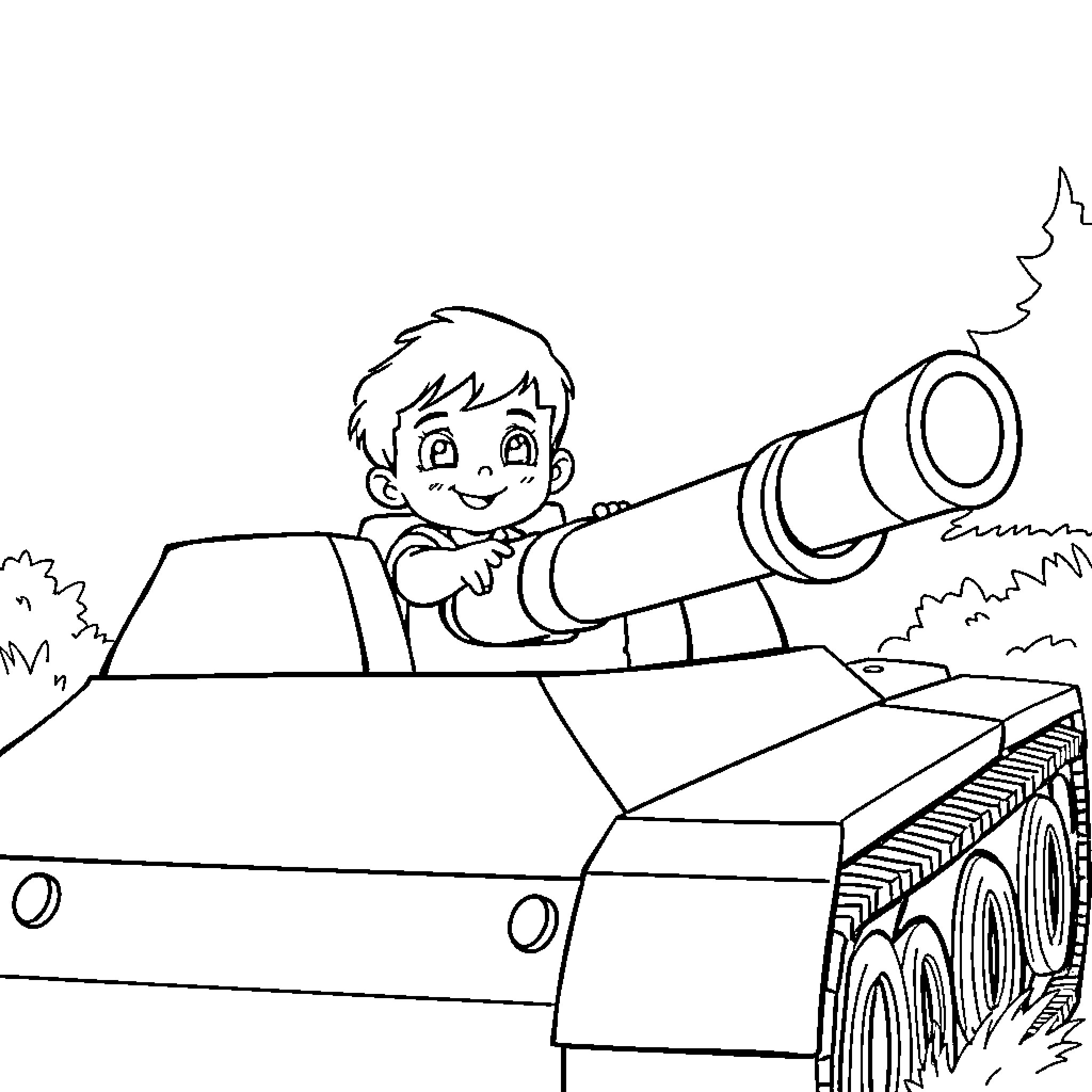 Child playing with toy military tank in field Coloring Page (free black-and-white line drawing printable PDF for all, from beginners to advanced learners, including children, teens, adults, and seniors)
