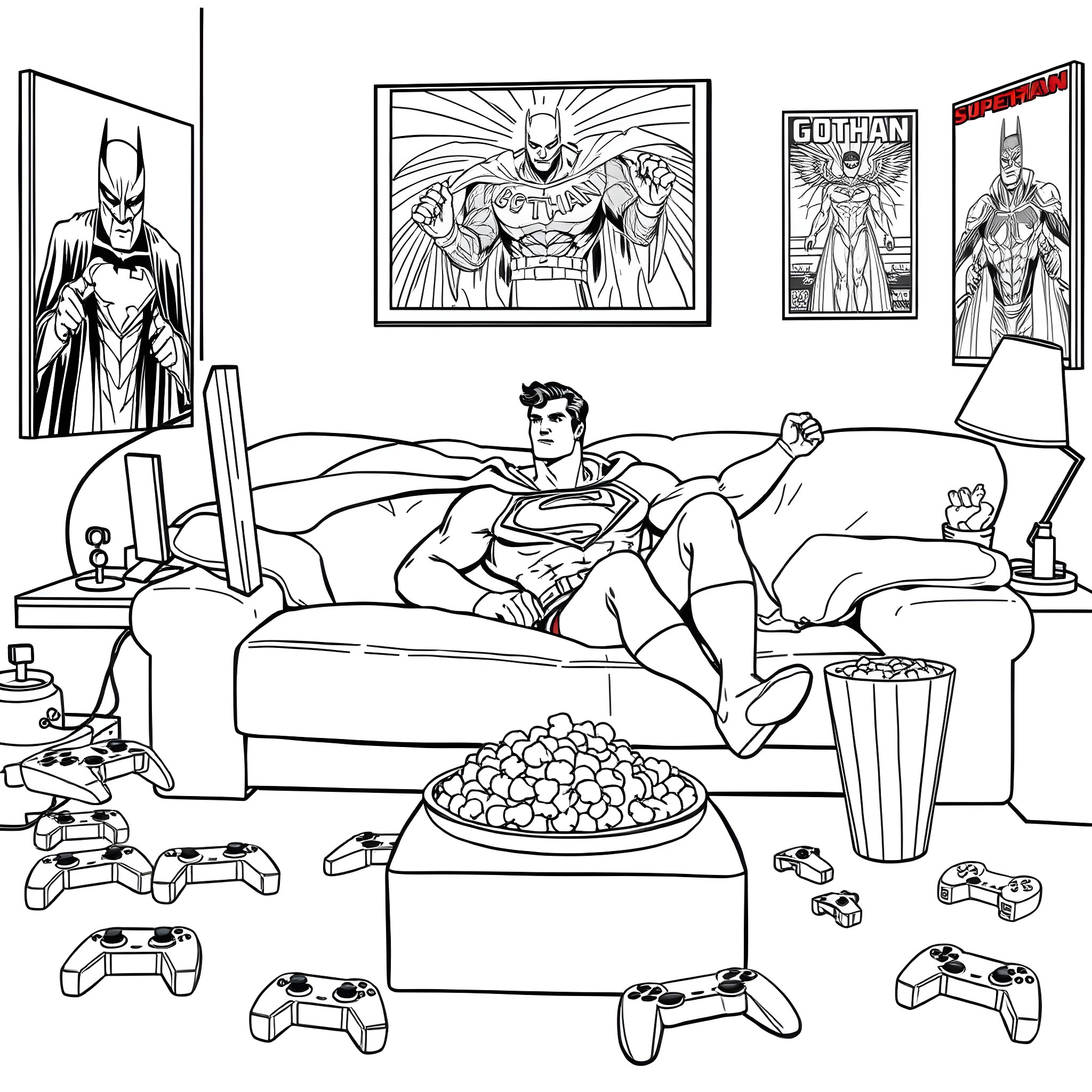 Superman relaxing in his living room with comic book posters Coloring Page (free black-and-white line drawing printable PDF for all, from beginners to advanced learners, including children, teens, adults, and seniors)