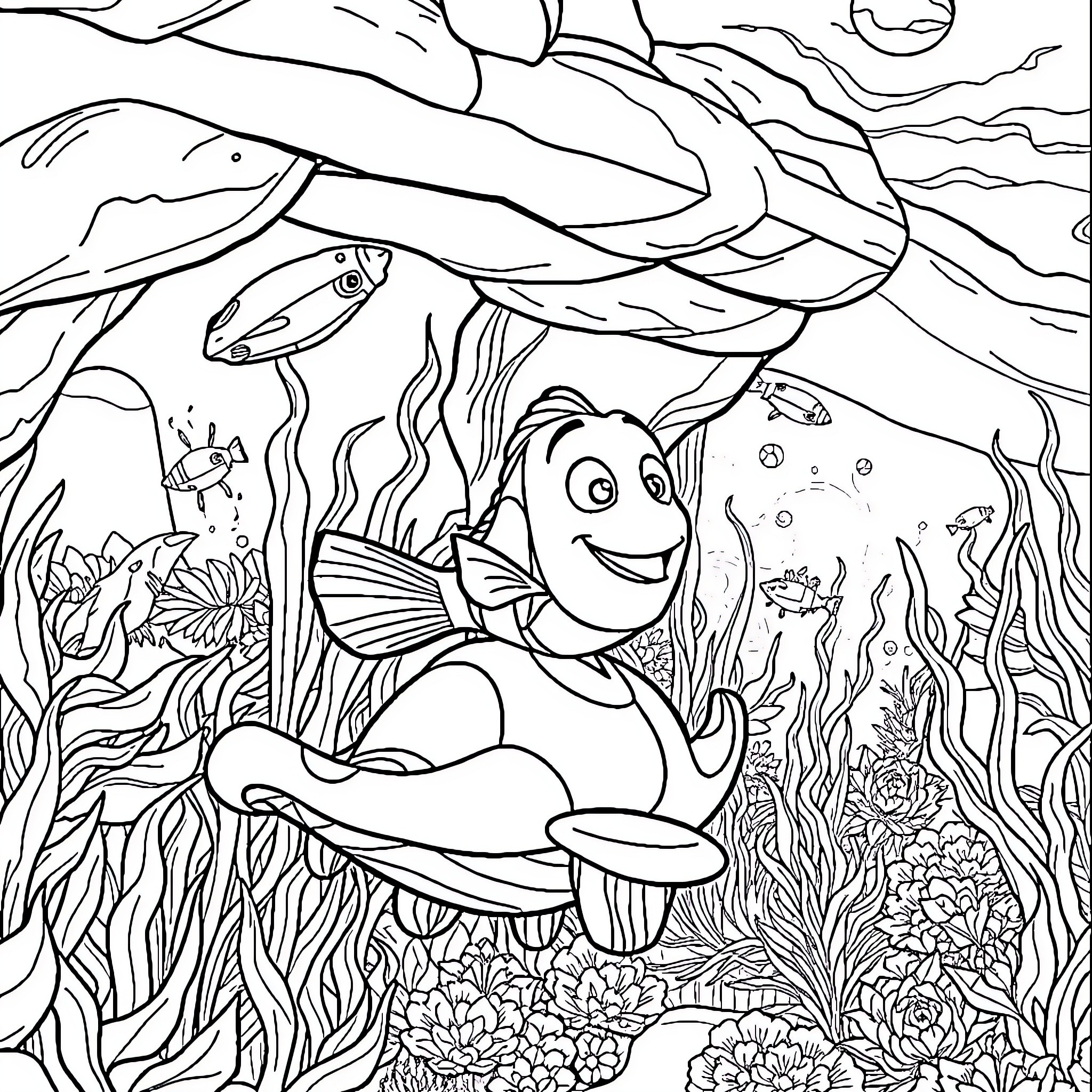 Nemo exploring the vibrant underwater world Coloring Page (free black-and-white line drawing printable PDF for all, from beginners to advanced learners, including children, teens, adults, and seniors)
