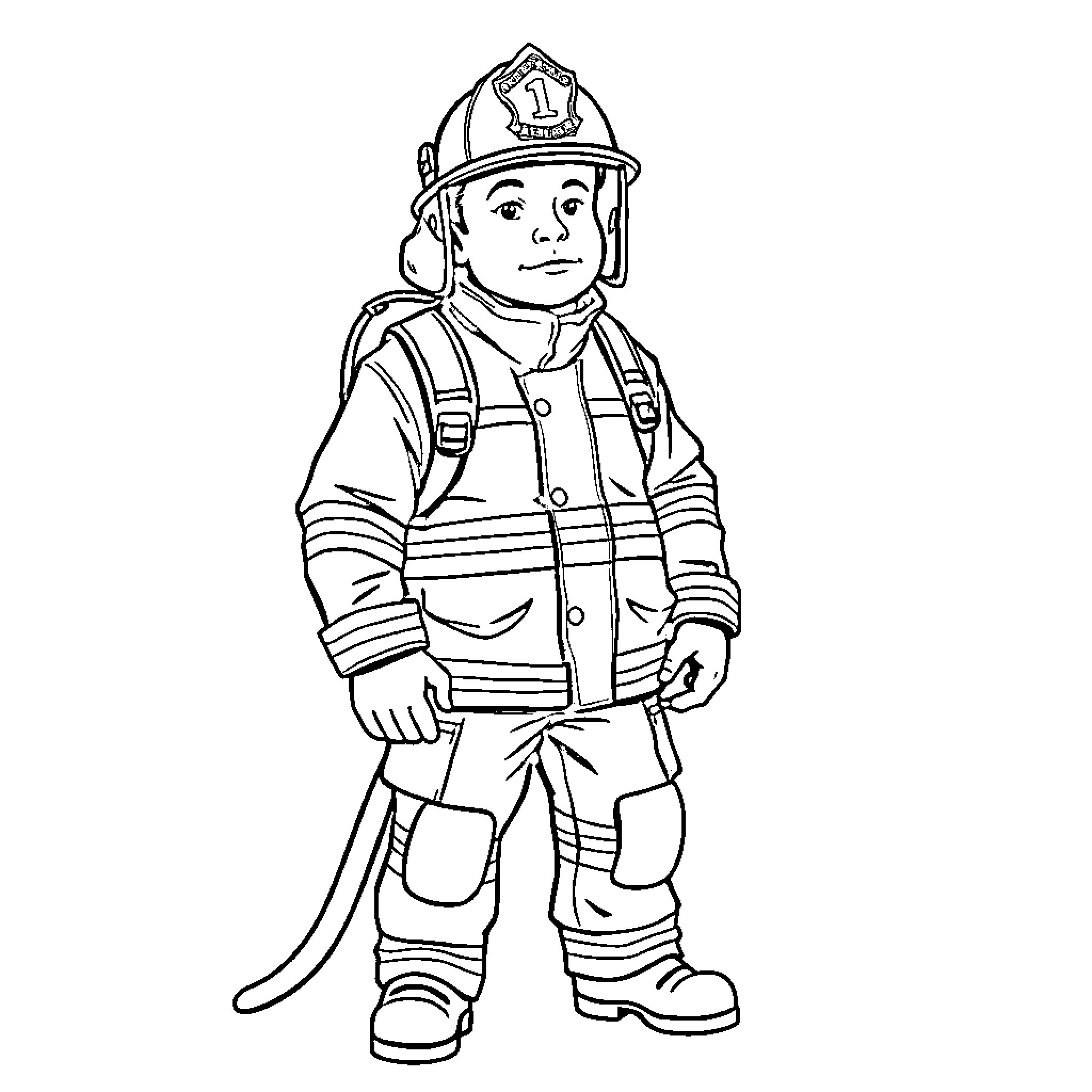 Fireman in protective gear ready for action Coloring Page (free black-and-white line drawing printable PDF for all, from beginners to advanced learners, including children, teens, adults, and seniors)
