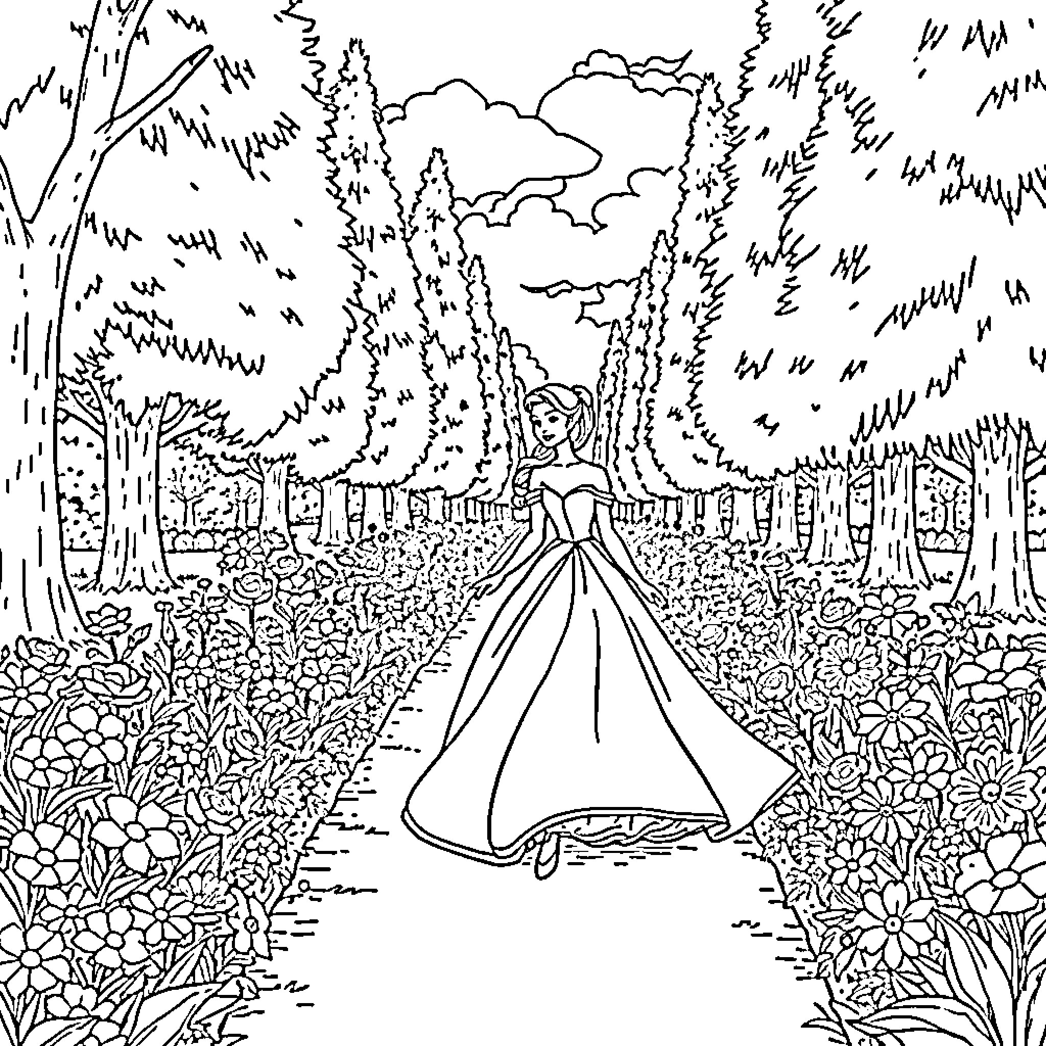 Princess Walking Through Enchanted Forest Coloring Page (free black-and-white line drawing printable PDF for all, from beginners to advanced learners, including children, teens, adults, and seniors)