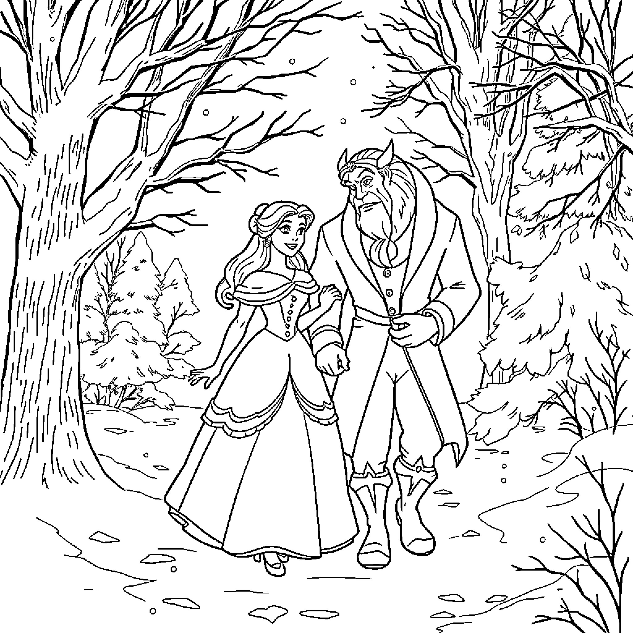 Beauty And The Beast Strolling Through Enchanted Winter Forest Coloring Page (free black-and-white line drawing printable PDF for all, from beginners to advanced learners, including children, teens, adults, and seniors)