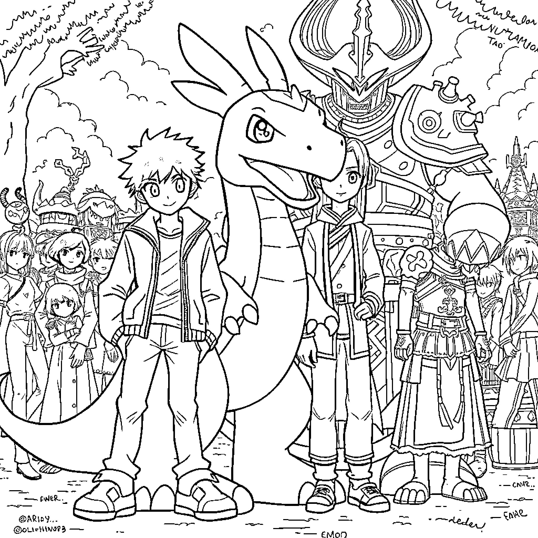 Yamato's Animated Adventure with Fantastical Characters Coloring Page (free black-and-white line drawing printable PDF for all, from beginners to advanced learners, including children, teens, adults, and seniors)
