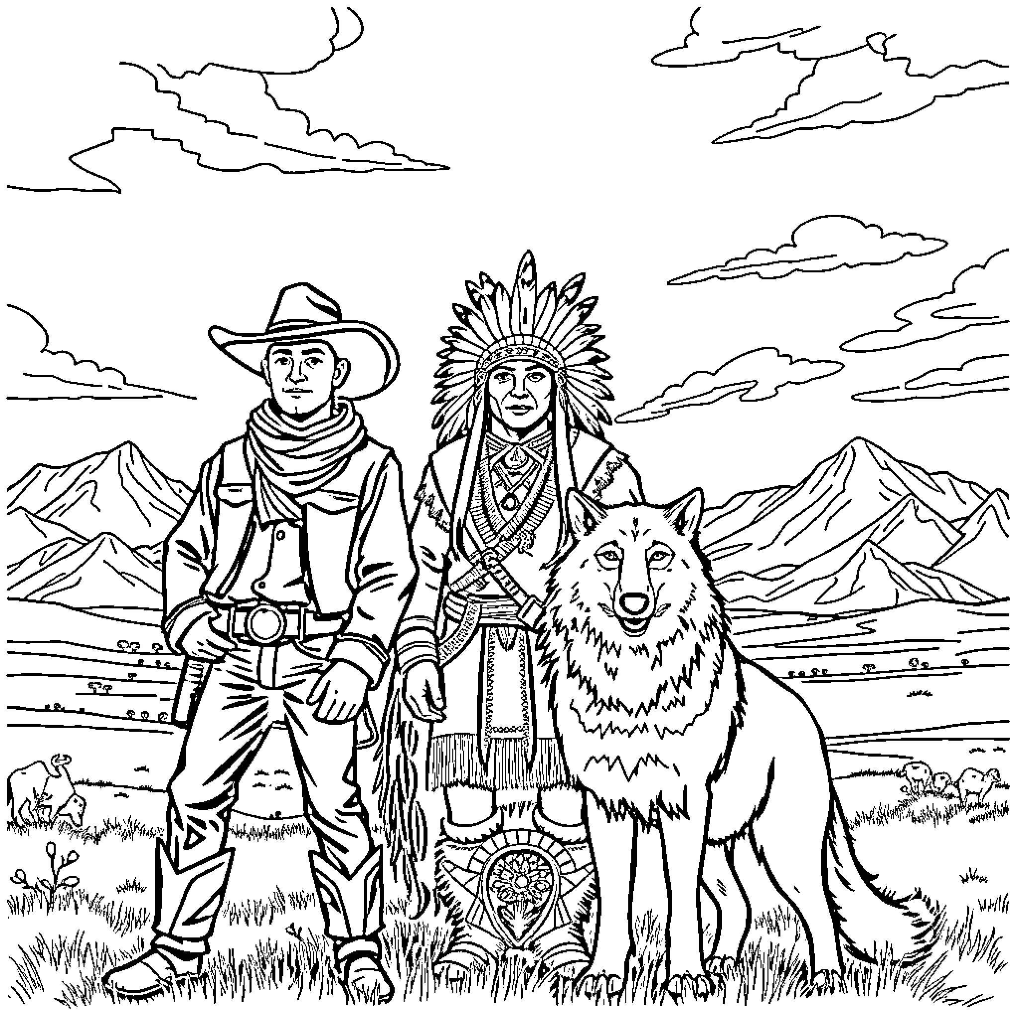 Cowboy and Native American with a Wolf in the Mountains Coloring Page (free black-and-white line drawing printable PDF for all, from beginners to advanced learners, including children, teens, adults, and seniors)