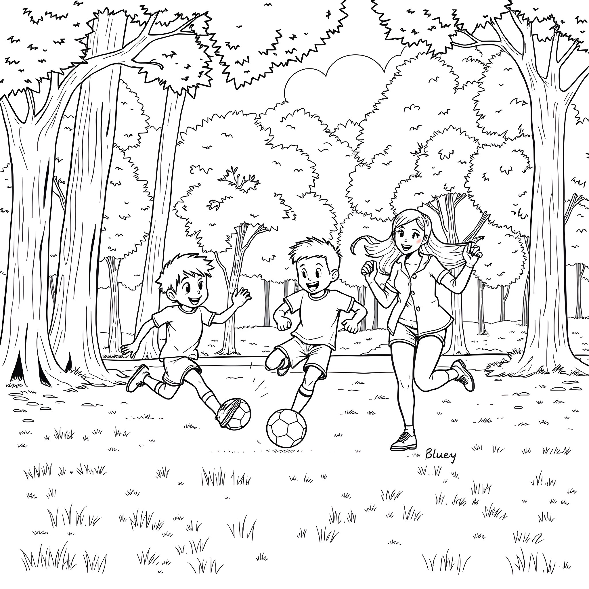 Bluey and friends playing soccer in the forest Coloring Page (free black-and-white line drawing printable PDF for all, from beginners to advanced learners, including children, teens, adults, and seniors)