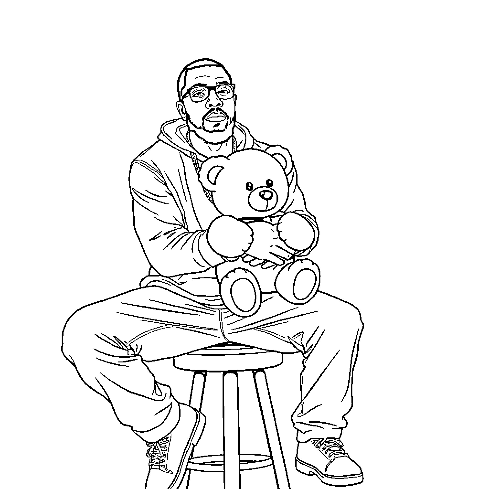 Nas with a plush teddy bear in a casual pose Coloring Page (free black-and-white line drawing printable PDF for all, from beginners to advanced learners, including children, teens, adults, and seniors)