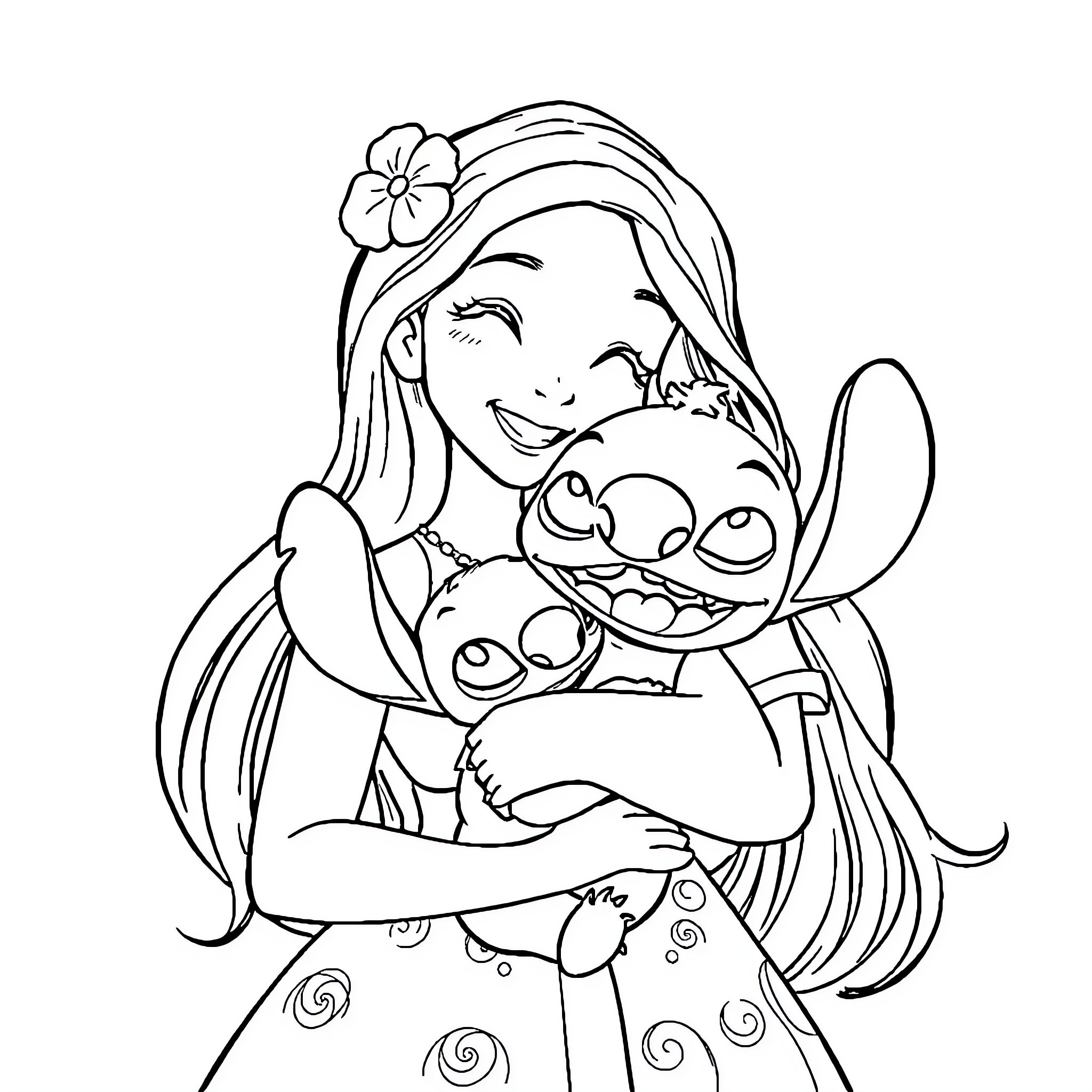 Vaïna's Joyful Embrace with Beloved Creature Coloring Page (free black-and-white line drawing printable PDF for all, from beginners to advanced learners, including children, teens, adults, and seniors)
