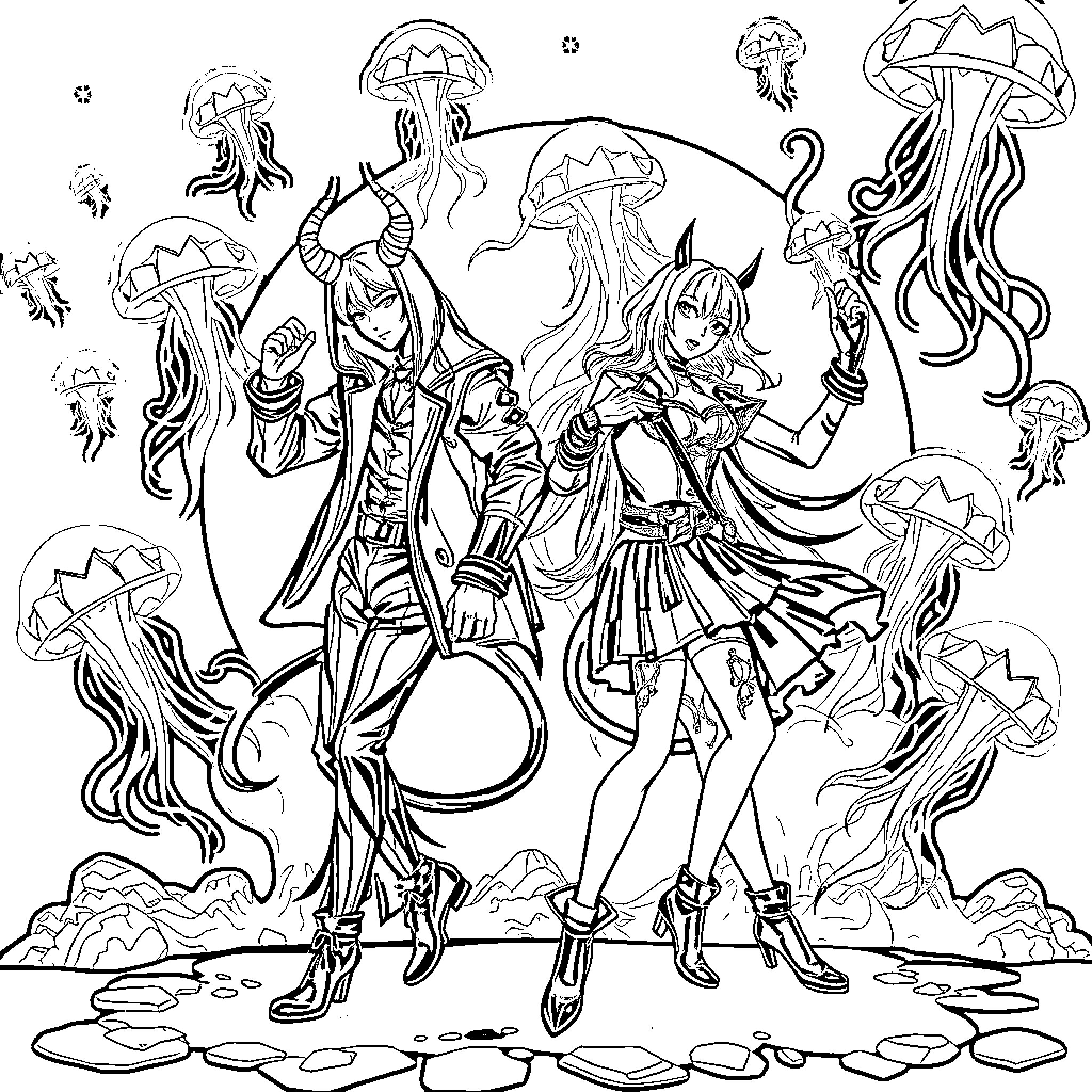 K Pop Characters Amid Fantastical Mushroom Creatures Coloring Page (free black-and-white line drawing printable PDF for all, from beginners to advanced learners, including children, teens, adults, and seniors)