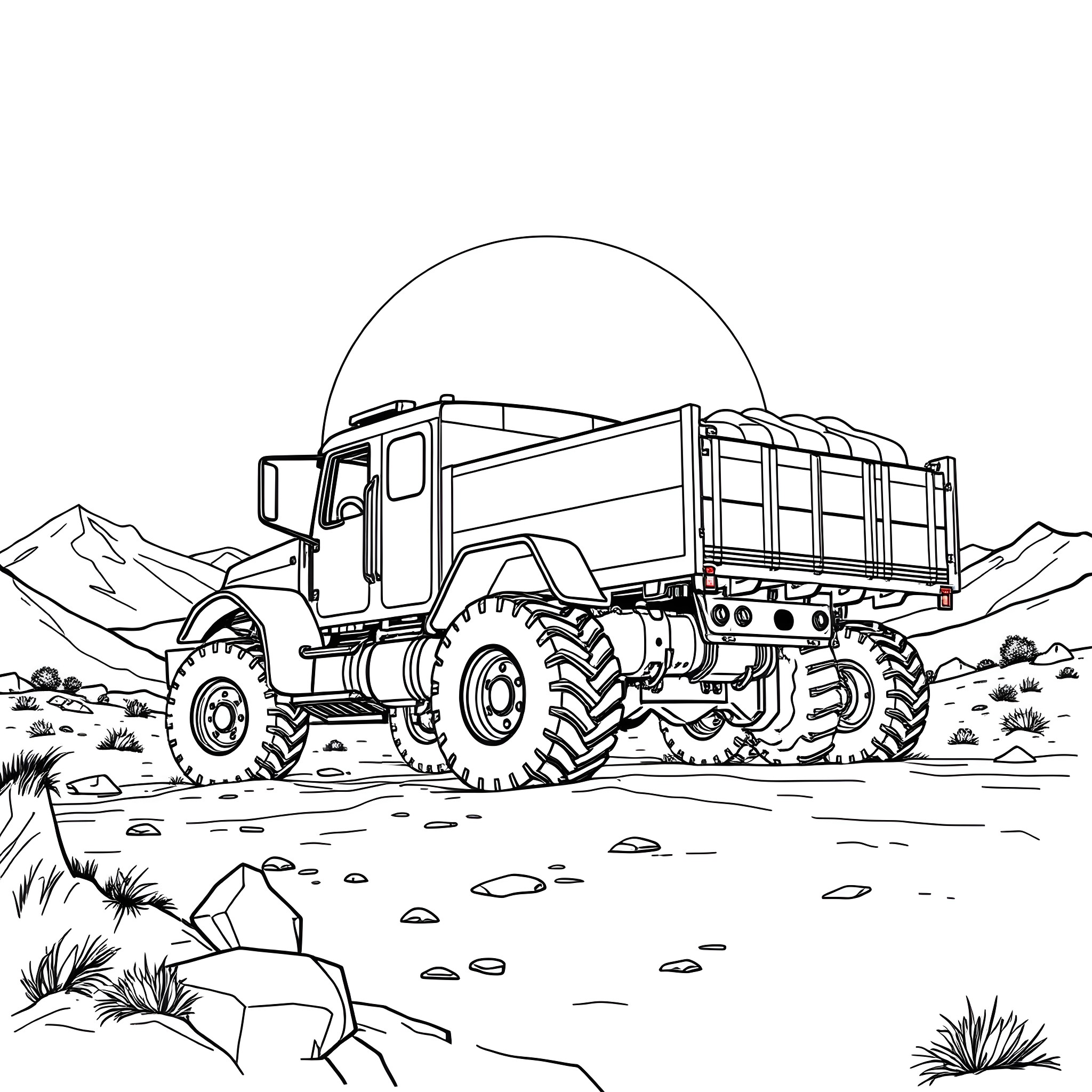 Truck hauling cargo in rugged mountain terrain Coloring Page (free black-and-white line drawing printable PDF for all, from beginners to advanced learners, including children, teens, adults, and seniors)