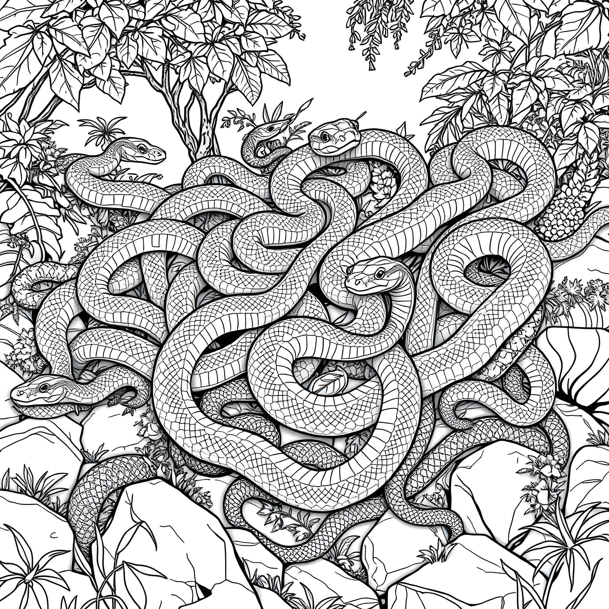 Snake den in the lush jungle Coloring Page (free black-and-white line drawing printable PDF for all, from beginners to advanced learners, including children, teens, adults, and seniors)