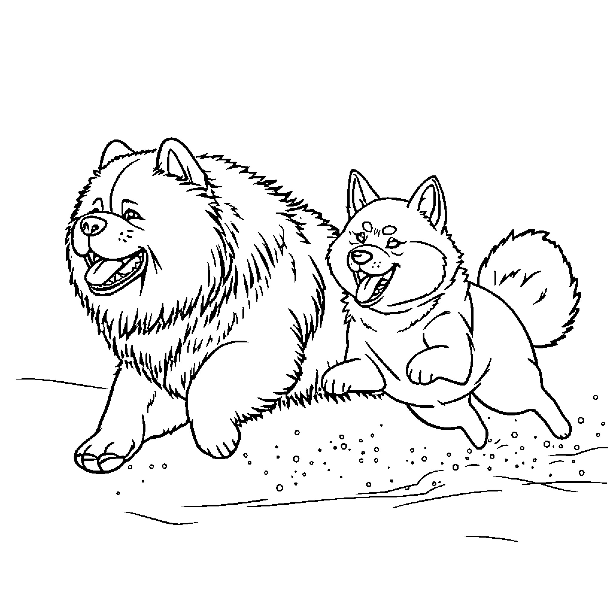 Dog and puppy playing together outdoors Coloring Page (free black-and-white line drawing printable PDF for all, from beginners to advanced learners, including children, teens, adults, and seniors)