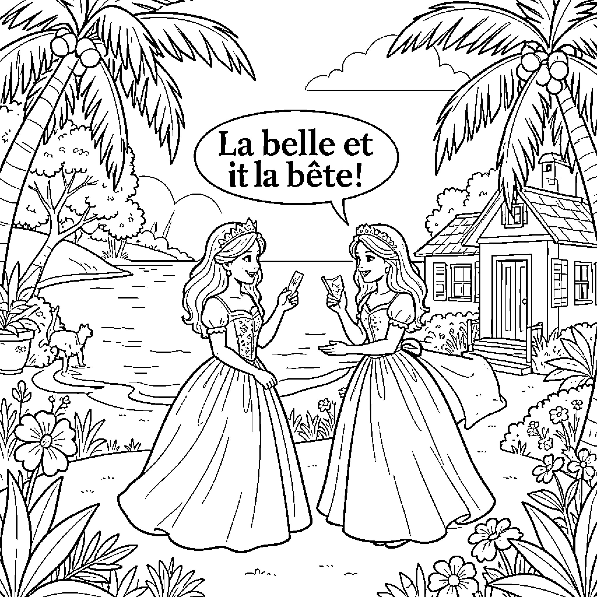 Beauty And The Beast characters exchanging small cards by the beach Coloring Page (free black-and-white line drawing printable PDF for all, from beginners to advanced learners, including children, teens, adults, and seniors)