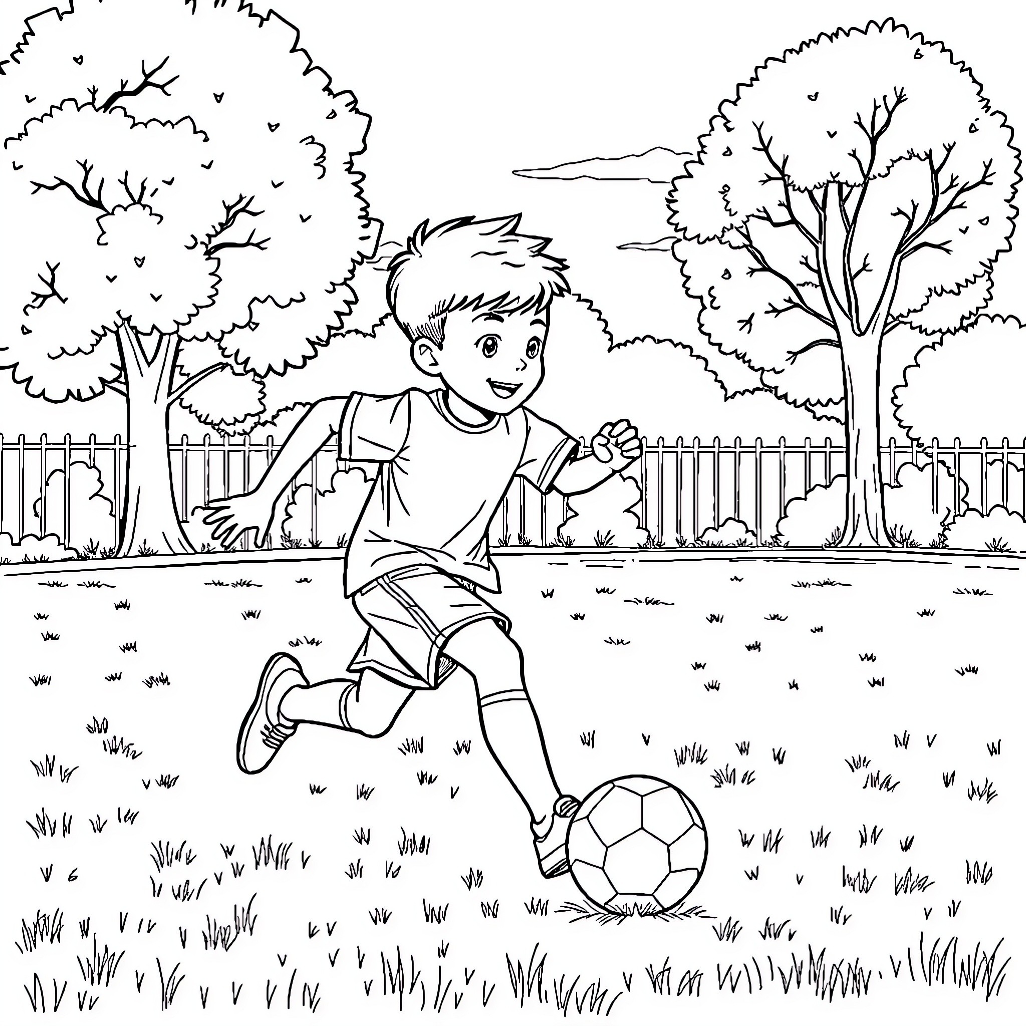 Child playing with soccer ball in park Coloring Page (free black-and-white line drawing printable PDF for all, from beginners to advanced learners, including children, teens, adults, and seniors)