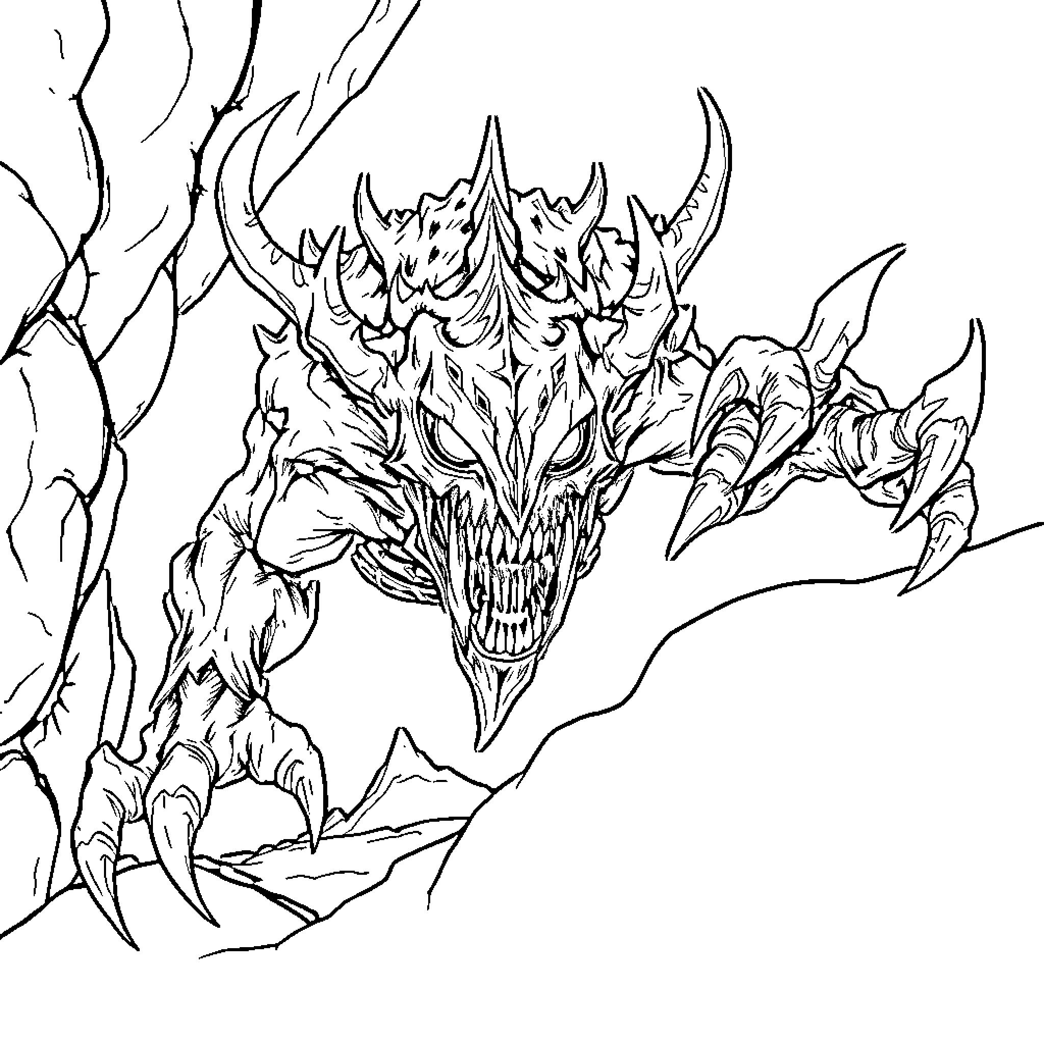 Monster with Fearsome Jaws and Claws Coloring Page (free black-and-white line drawing printable PDF for all, from beginners to advanced learners, including children, teens, adults, and seniors)