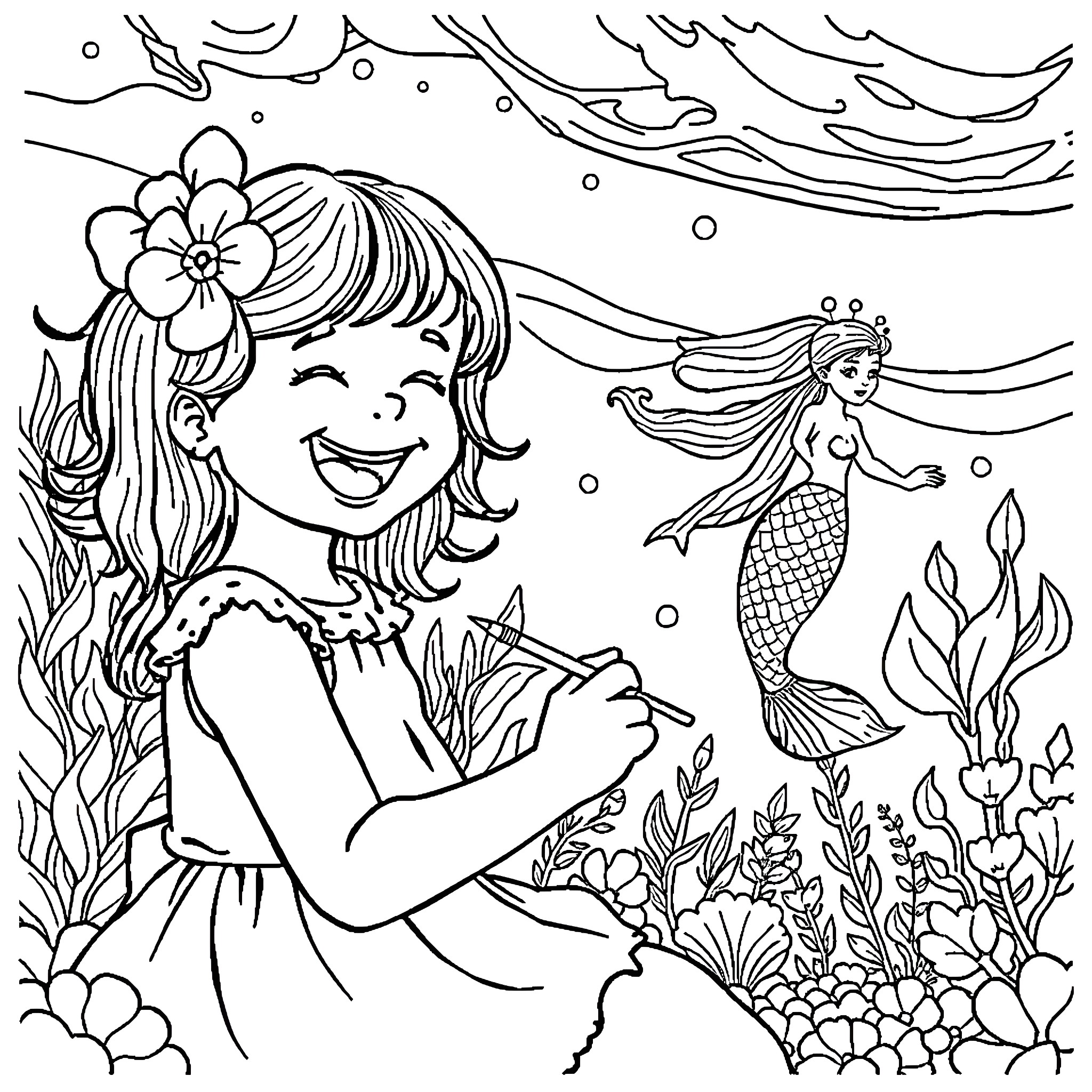 Girl exploring the underwater world with mermaid Coloring Page (free black-and-white line drawing printable PDF for all, from beginners to advanced learners, including children, teens, adults, and seniors)