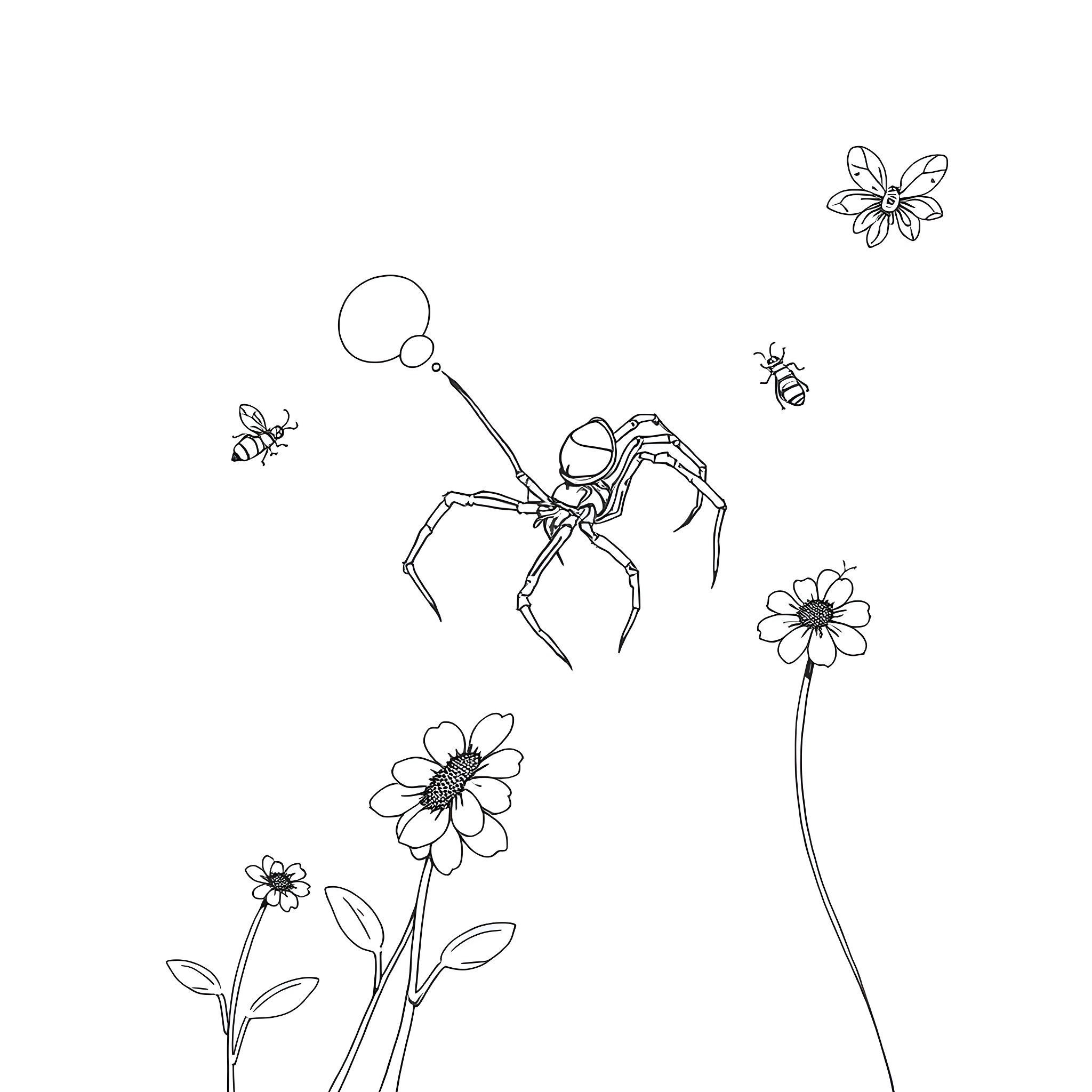 Spider exploring flowers and buzzing bees Coloring Page (free black-and-white line drawing printable PDF for all, from beginners to advanced learners, including children, teens, adults, and seniors)