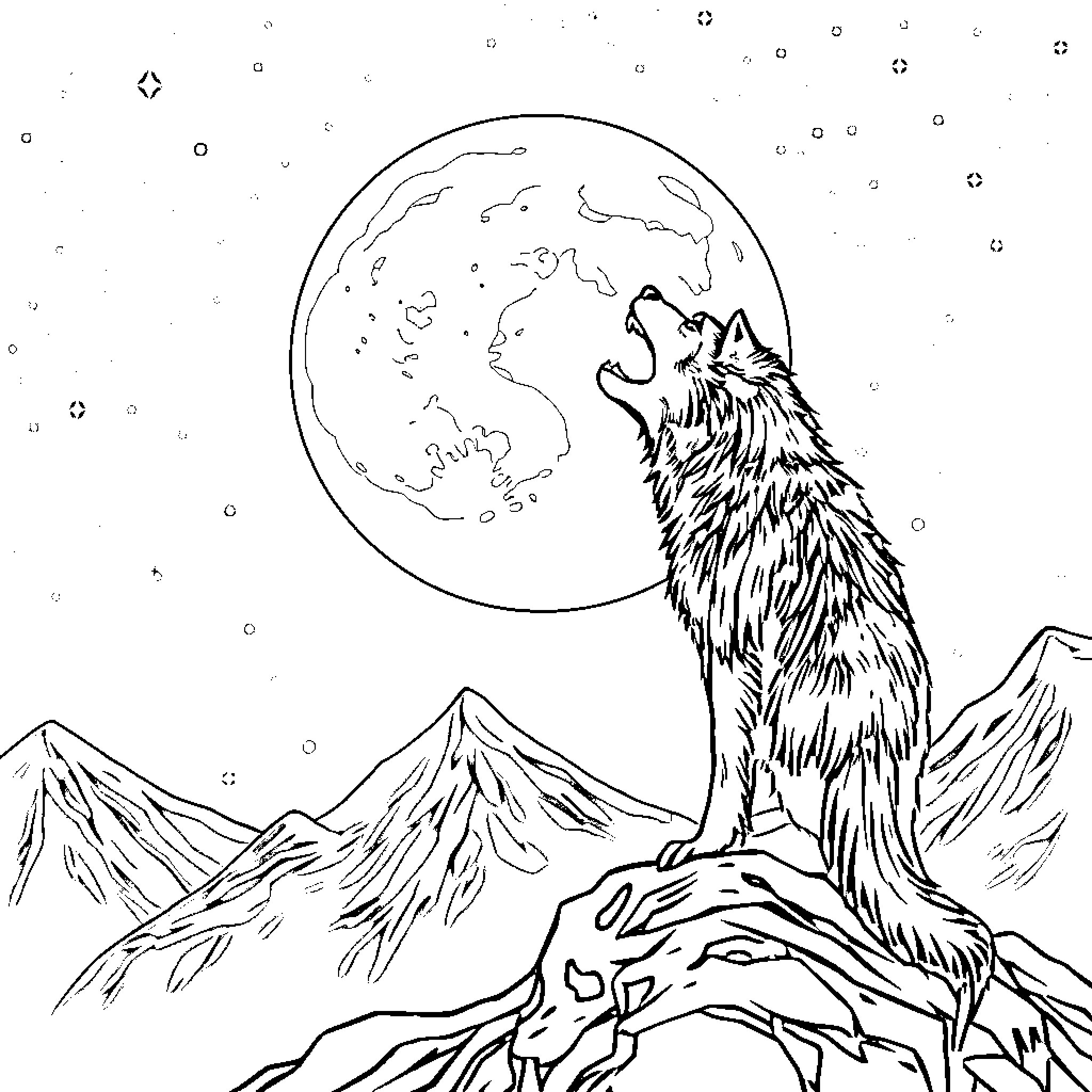 Werewolf howling at the full moon in the mountains Coloring Page (free black-and-white line drawing printable PDF for all, from beginners to advanced learners, including children, teens, adults, and seniors)