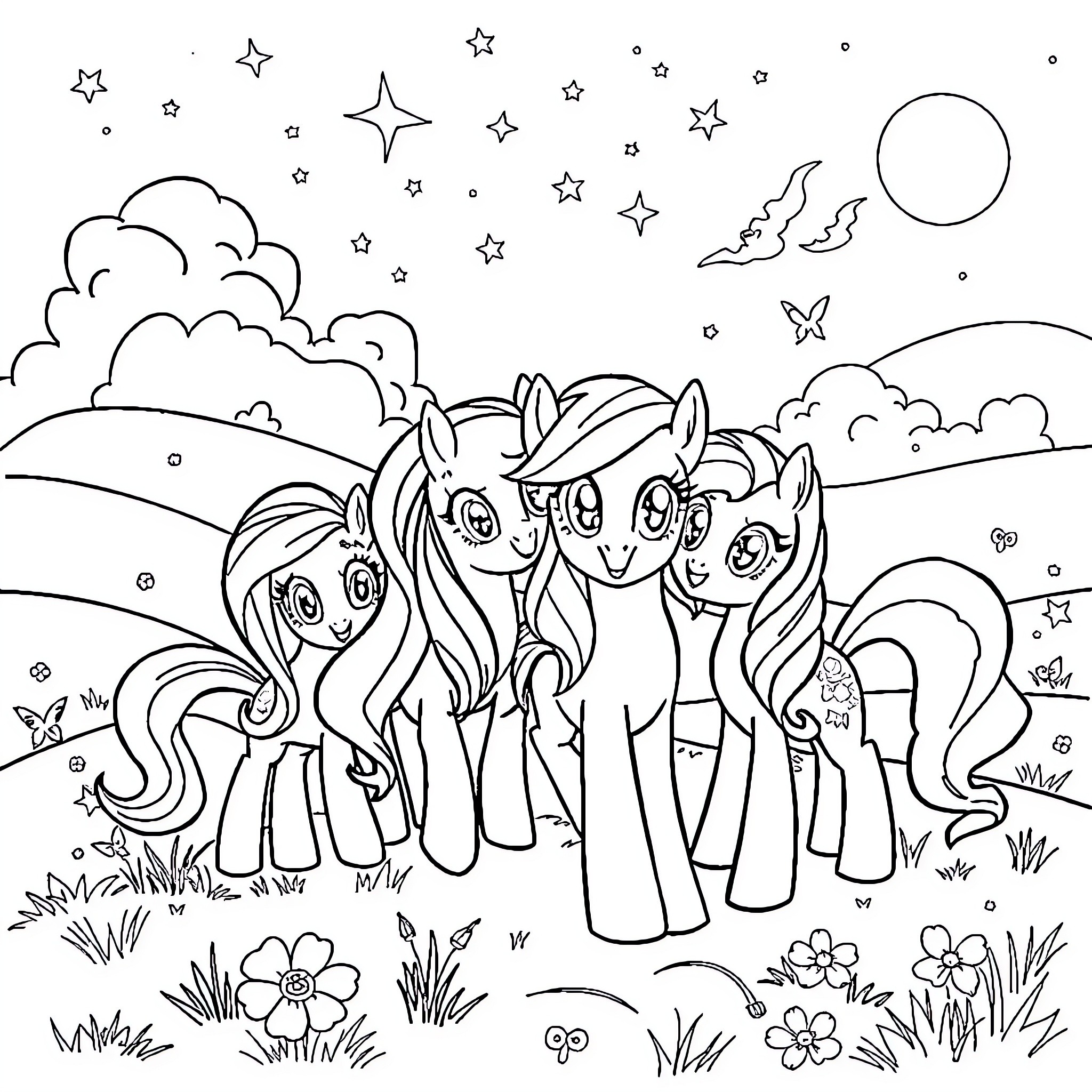 Pony Friends Explore the Starry Night Landscape Coloring Page (free black-and-white line drawing printable PDF for all, from beginners to advanced learners, including children, teens, adults, and seniors)