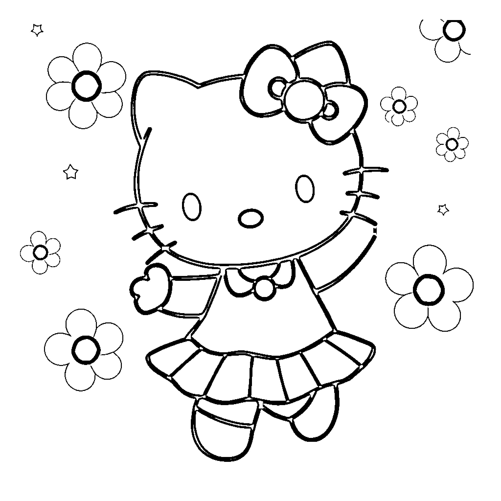 Hello Kitty playing amongst flowers Coloring Page (free black-and-white line drawing printable PDF for all, from beginners to advanced learners, including children, teens, adults, and seniors)