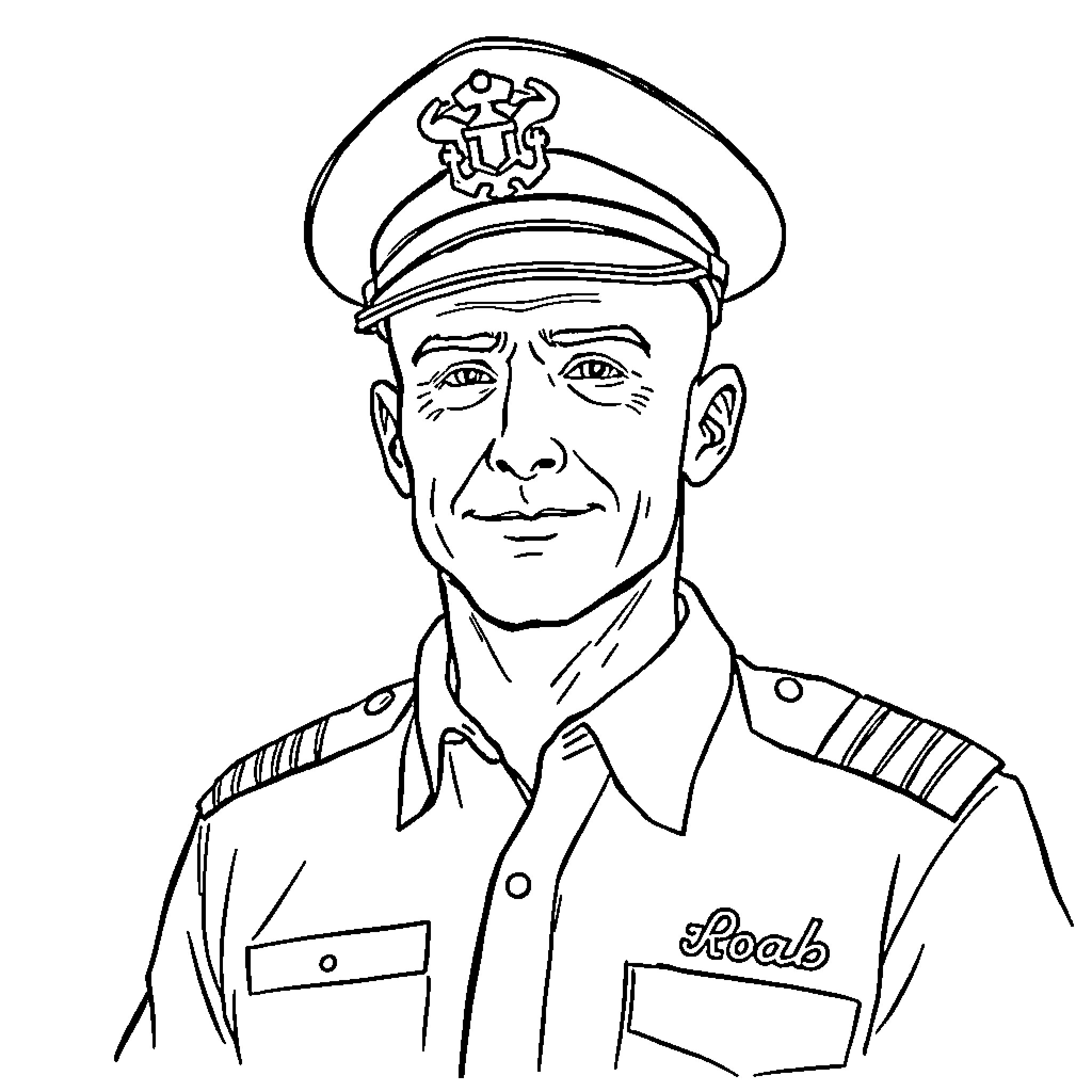 Boat Captain in Uniform Smiling Coloring Page (free black-and-white line drawing printable PDF for all, from beginners to advanced learners, including children, teens, adults, and seniors)