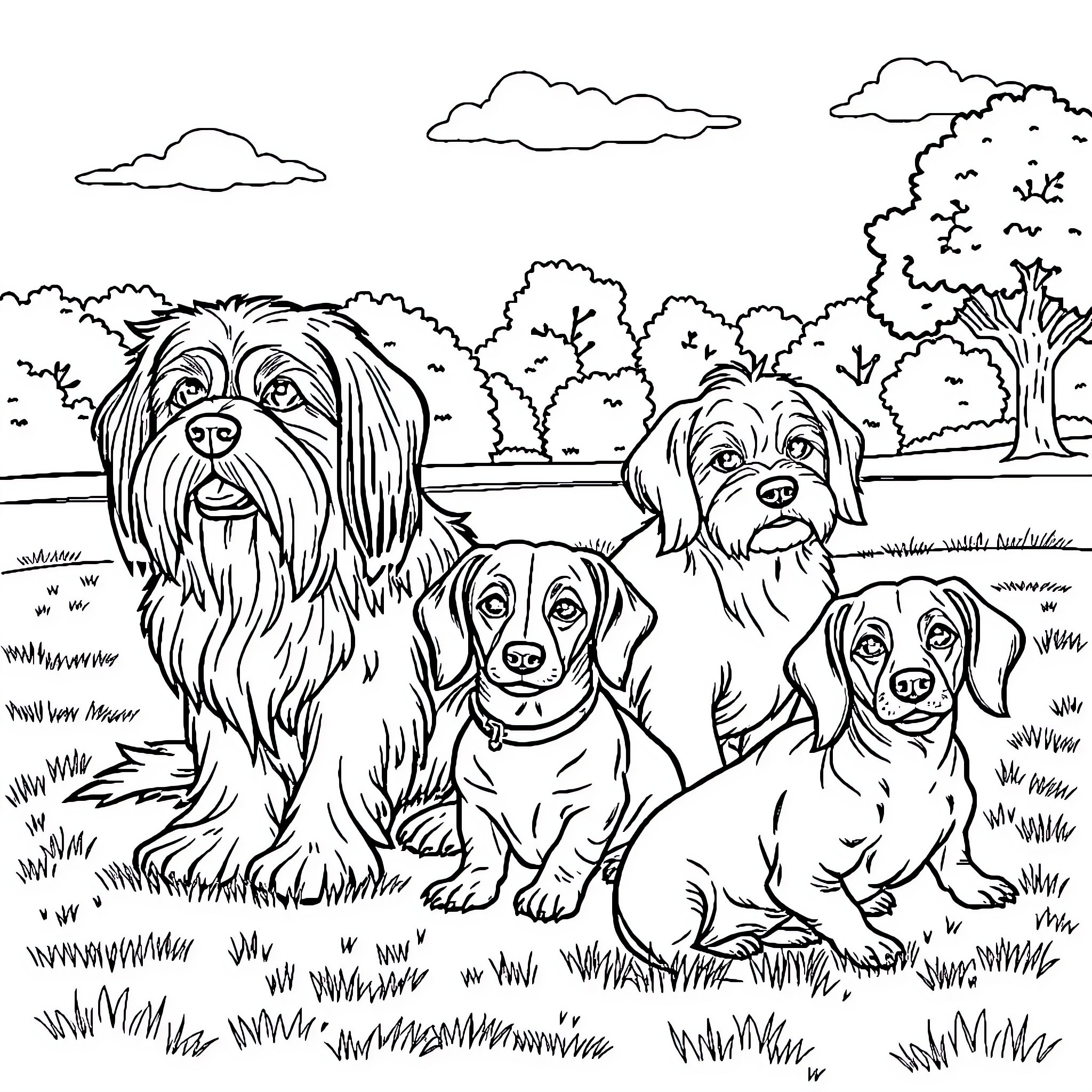 Dog Family Enjoying Nature's Beauty Coloring Page (free black-and-white line drawing printable PDF for all, from beginners to advanced learners, including children, teens, adults, and seniors)