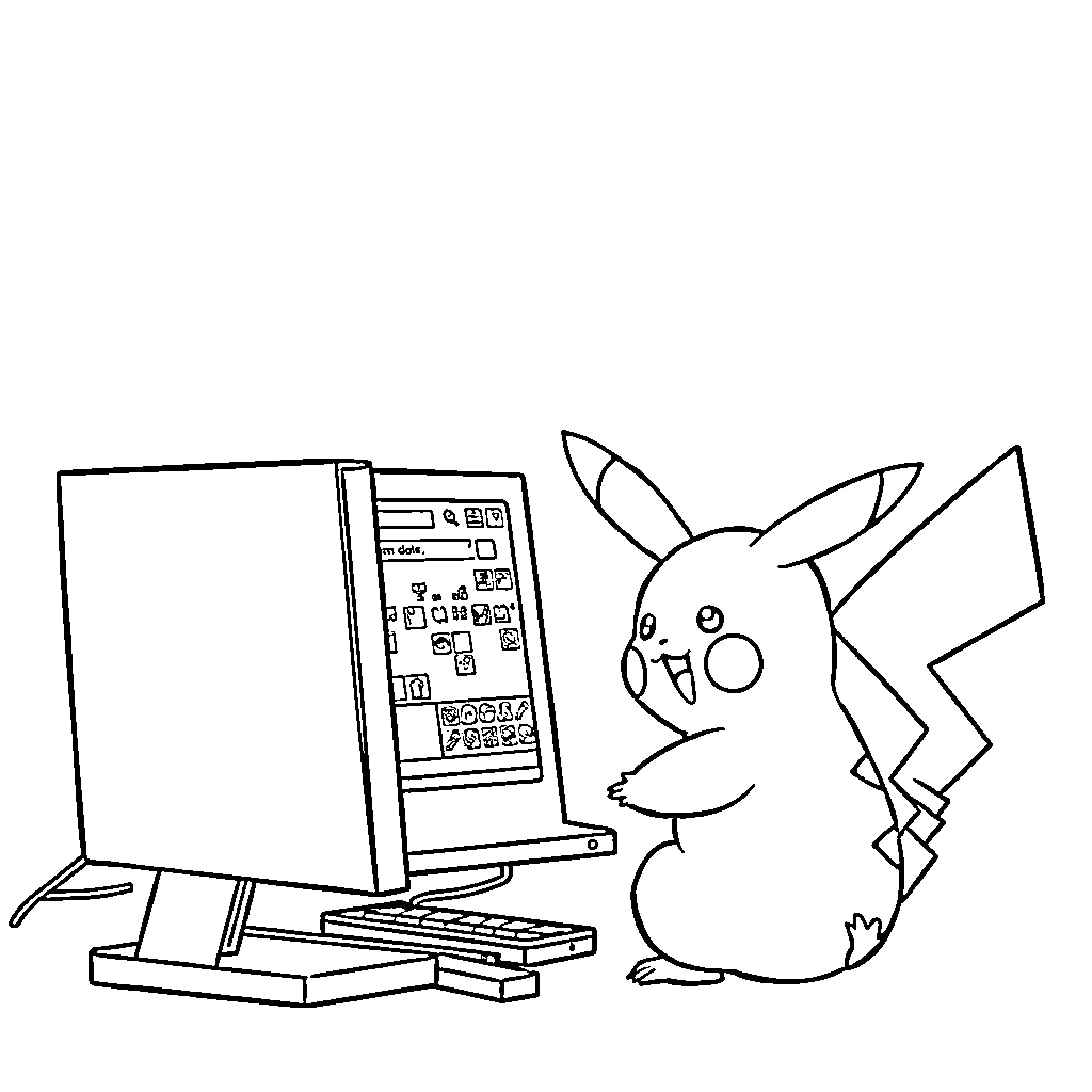 Pikachu using computer and gaming device Coloring Page (free black-and-white line drawing printable PDF for all, from beginners to advanced learners, including children, teens, adults, and seniors)