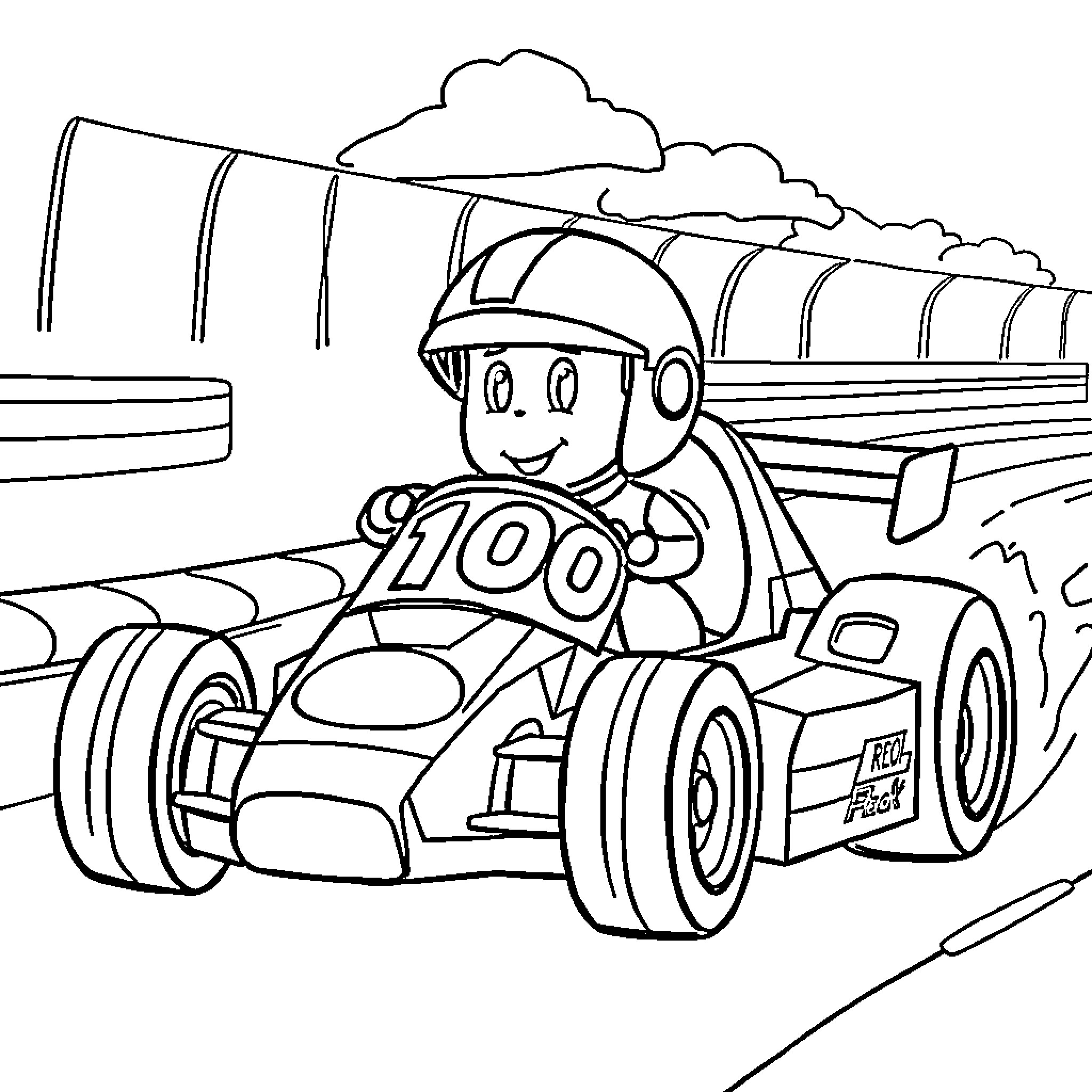 Numberblock racer zooming down the track Coloring Page (free black-and-white line drawing printable PDF for all, from beginners to advanced learners, including children, teens, adults, and seniors)