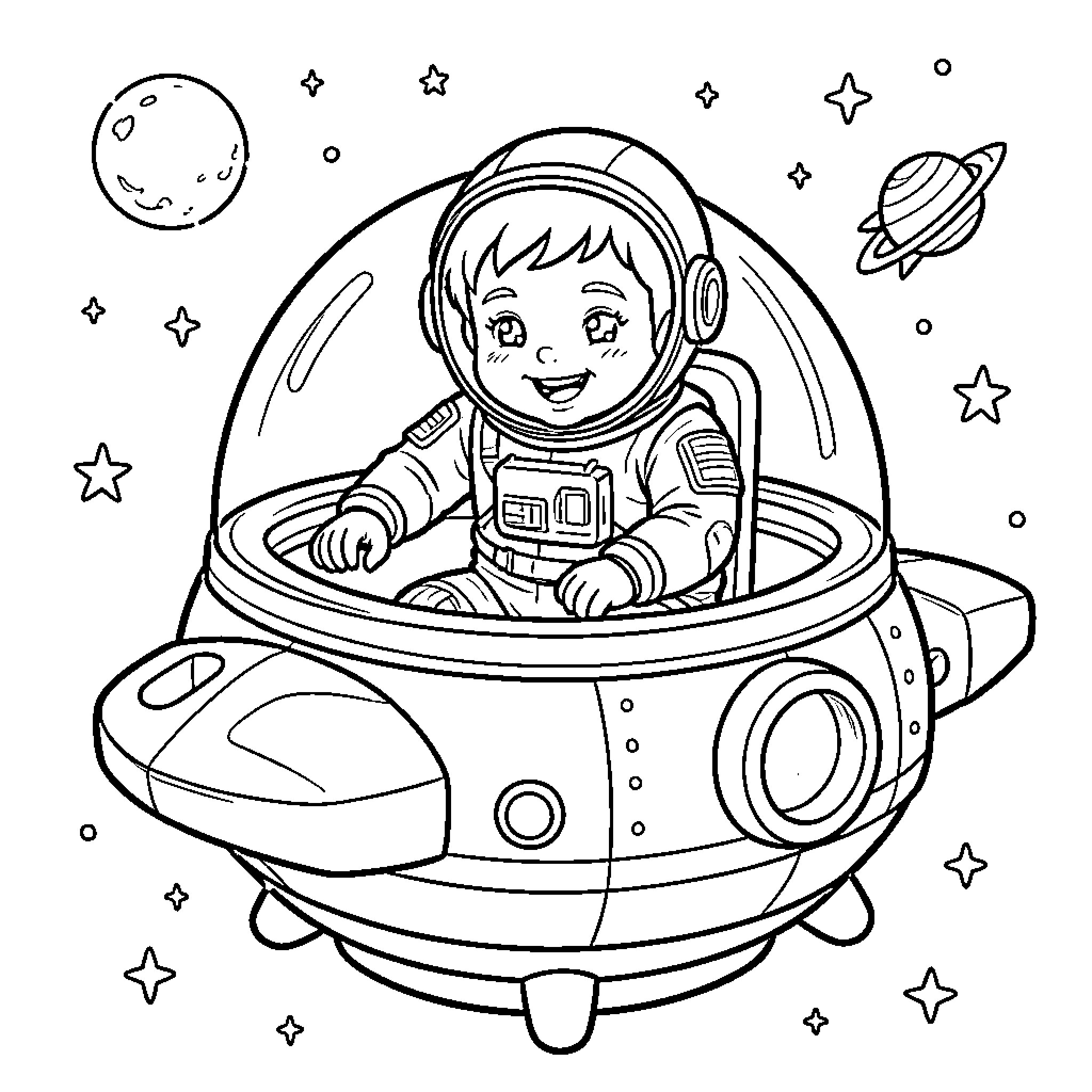 Astronaut exploring the cosmos in a futuristic spacecraft Coloring Page (free black-and-white line drawing printable PDF for all, from beginners to advanced learners, including children, teens, adults, and seniors)