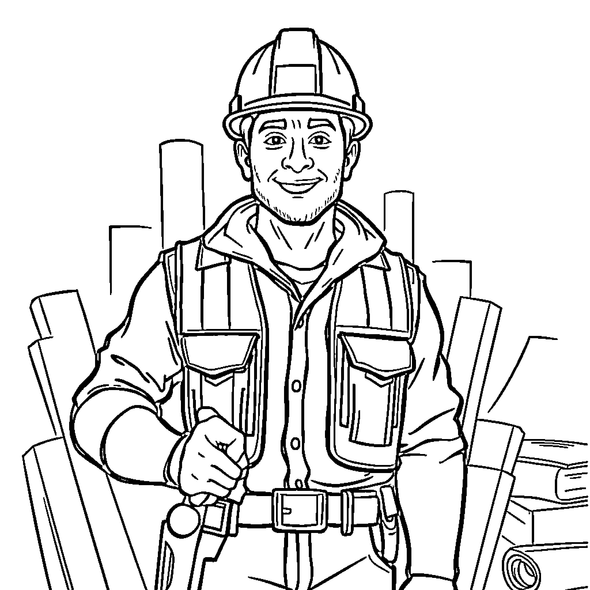 Construction Worker Standing in Front of Cityscape Coloring Page (free black-and-white line drawing printable PDF for all, from beginners to advanced learners, including children, teens, adults, and seniors)