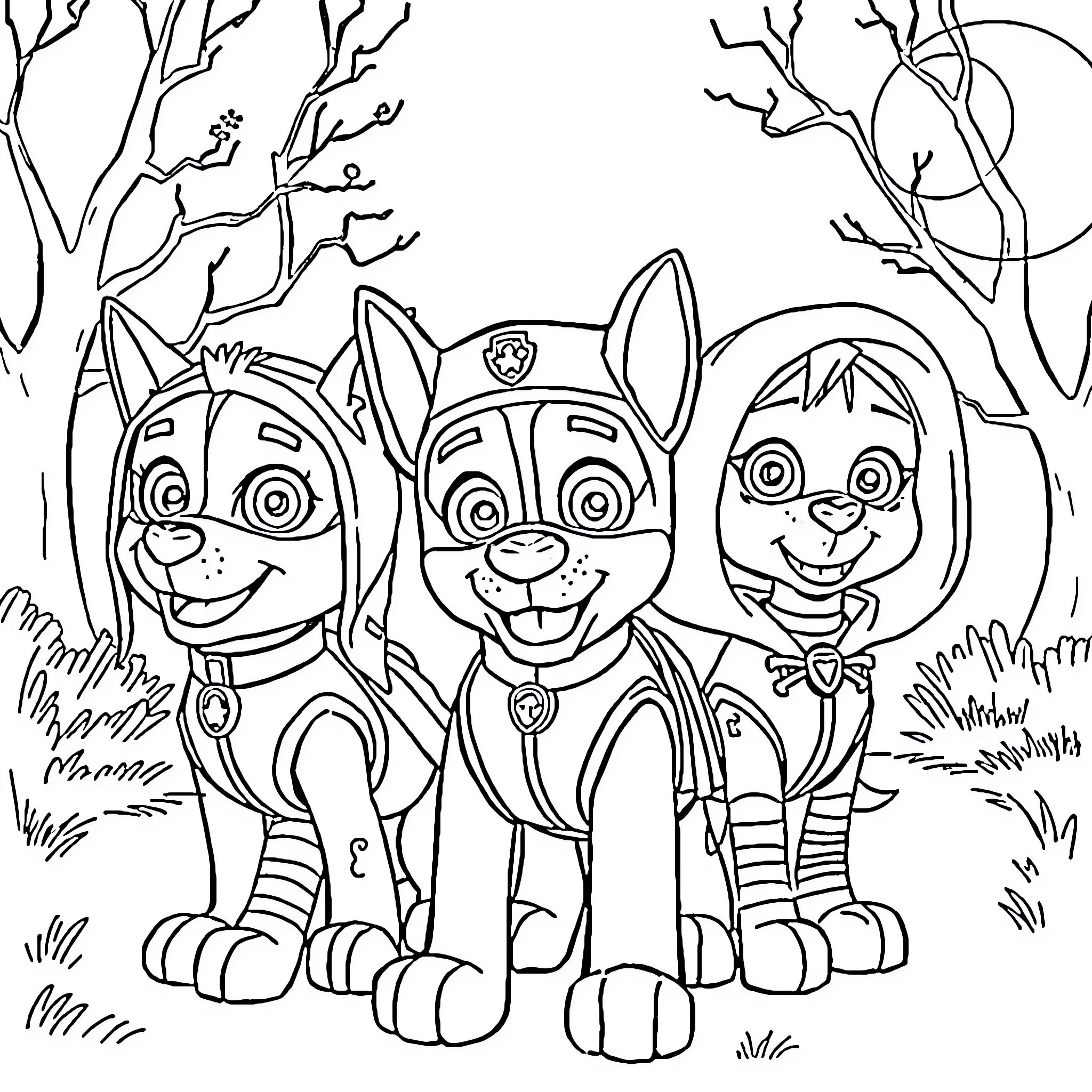 Paw Patrol Characters Exploring the Forest Coloring Page (free black-and-white line drawing printable PDF for all, from beginners to advanced learners, including children, teens, adults, and seniors)