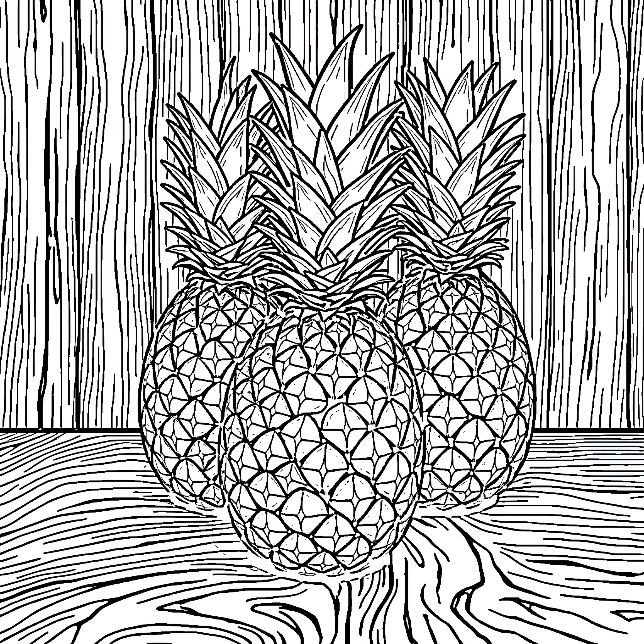 Pineapple framed by wooden textures Coloring Page (free black-and-white line drawing printable PDF for all, from beginners to advanced learners, including children, teens, adults, and seniors)